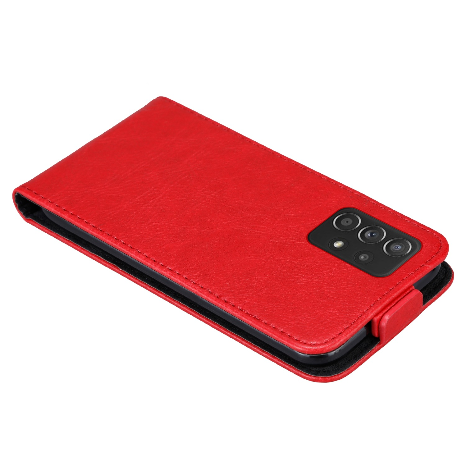 Rote Leder-Handyhülle, geöffnet, zeigt ein Telefon im Inneren. Die Hülle ist rot.