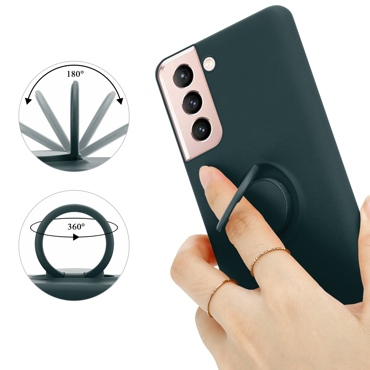 Dunkelgrüne Handyhülle, Ringhalter. Hand hält das Telefon. Text: 360° Drehung, 180° Flip.