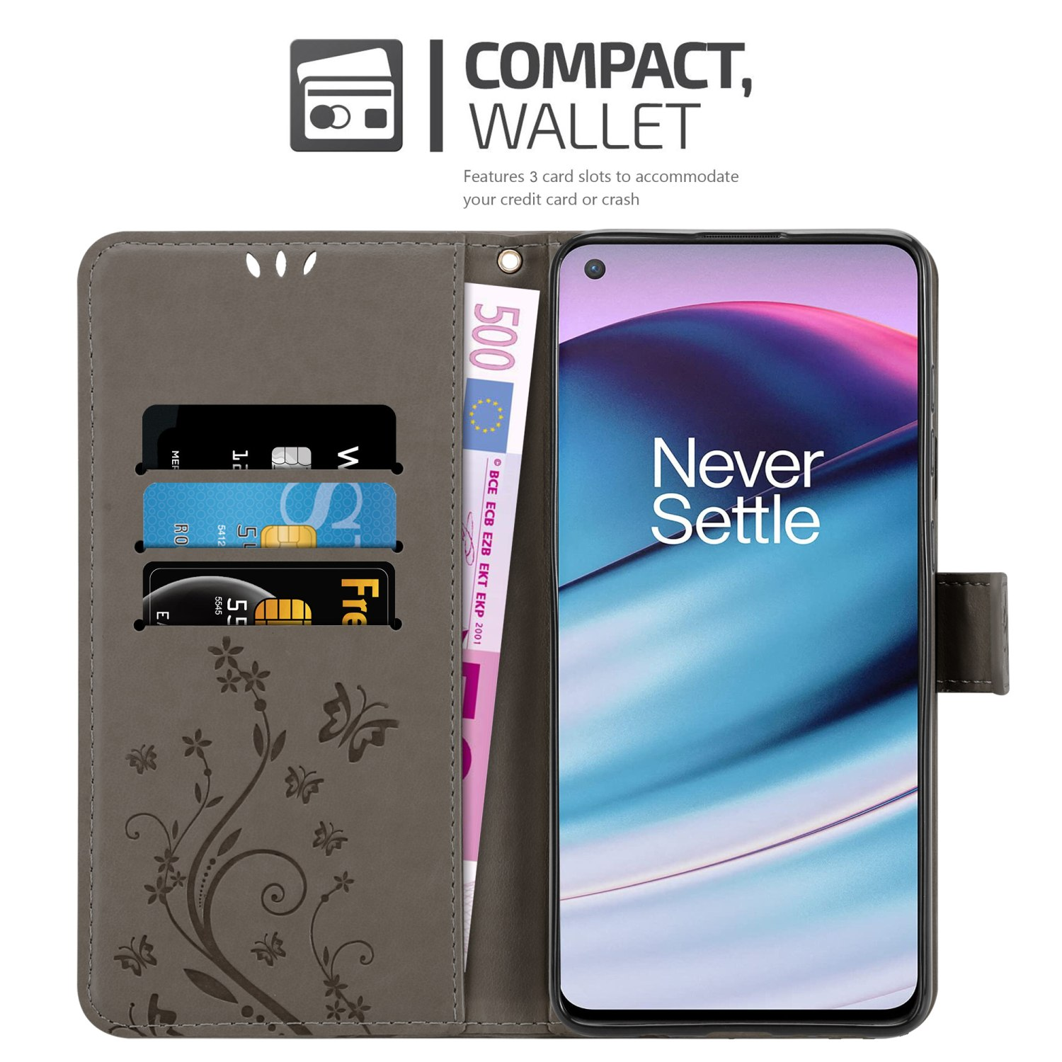 Custodia grigia con carte e denaro. Telefono all'interno, con