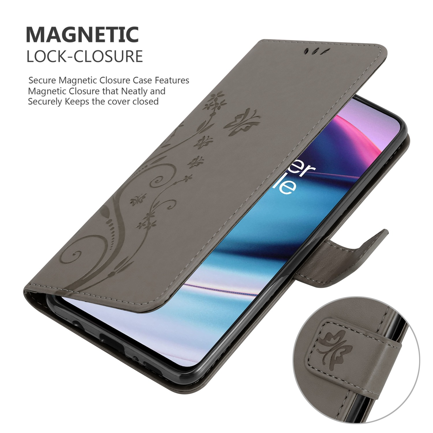 Una custodia per telefono grigia aperta con un telefono all'interno, decorata con motivi floreali. La custodia ha una chiusura magnetica.