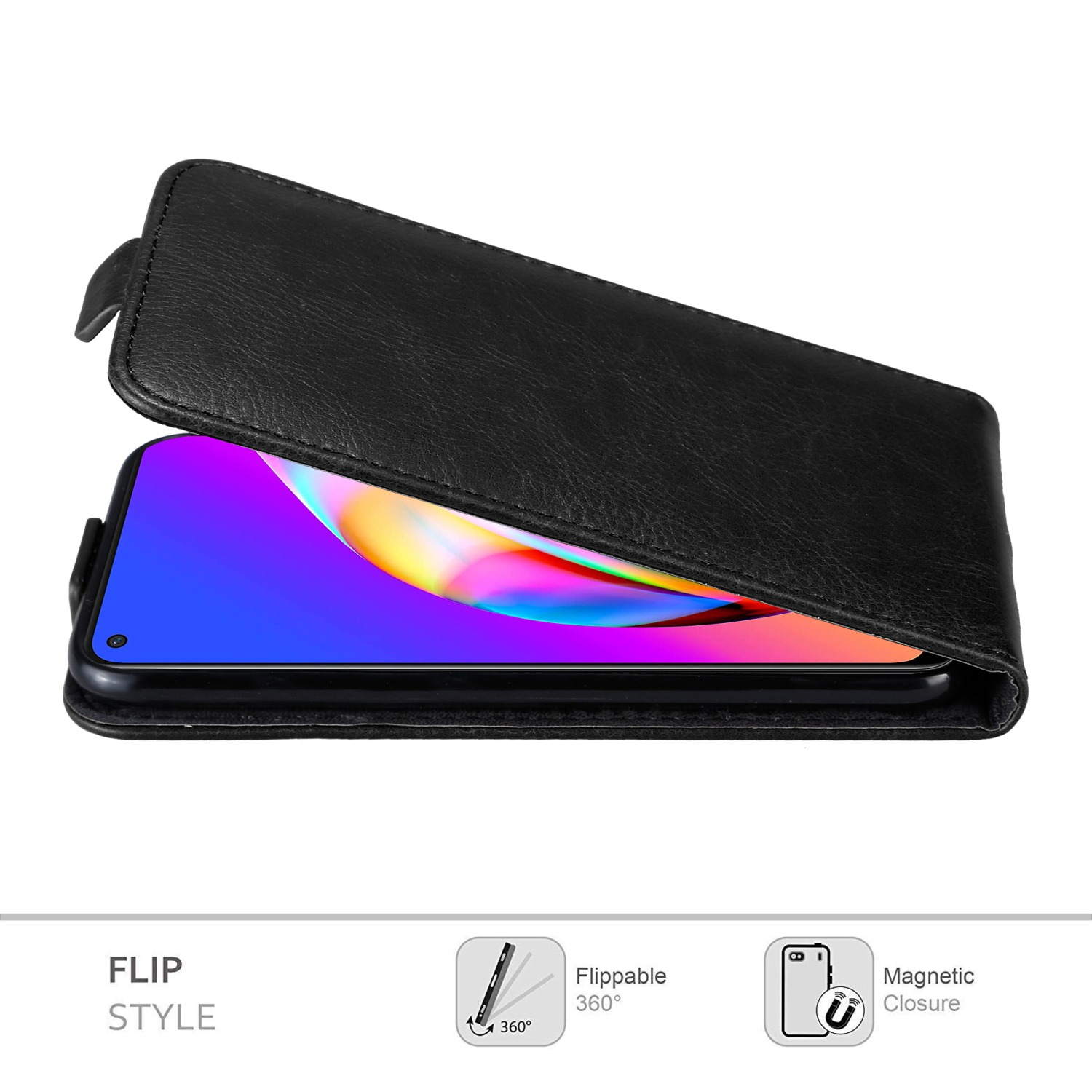 Custodia per telefono in pelle nera con un telefono all'interno. La custodia è aperta e ha una chiusura magnetica.