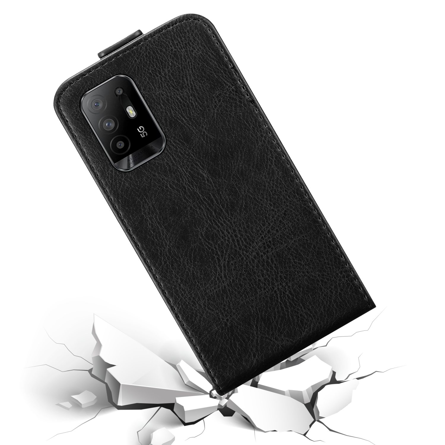 Custodia nera per telefono con un telefono all'interno, la custodia sta cadendo e lo schermo è rotto.
