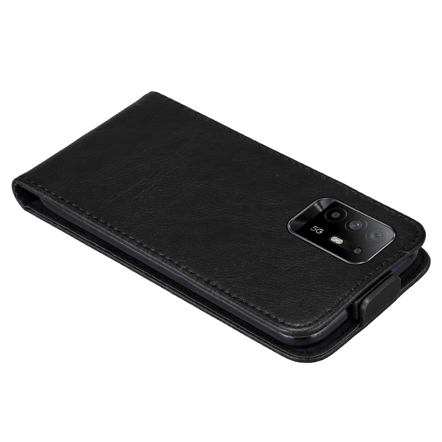 Custodia nera per telefono con telefono all'interno, obiettivo della fotocamera visibile.