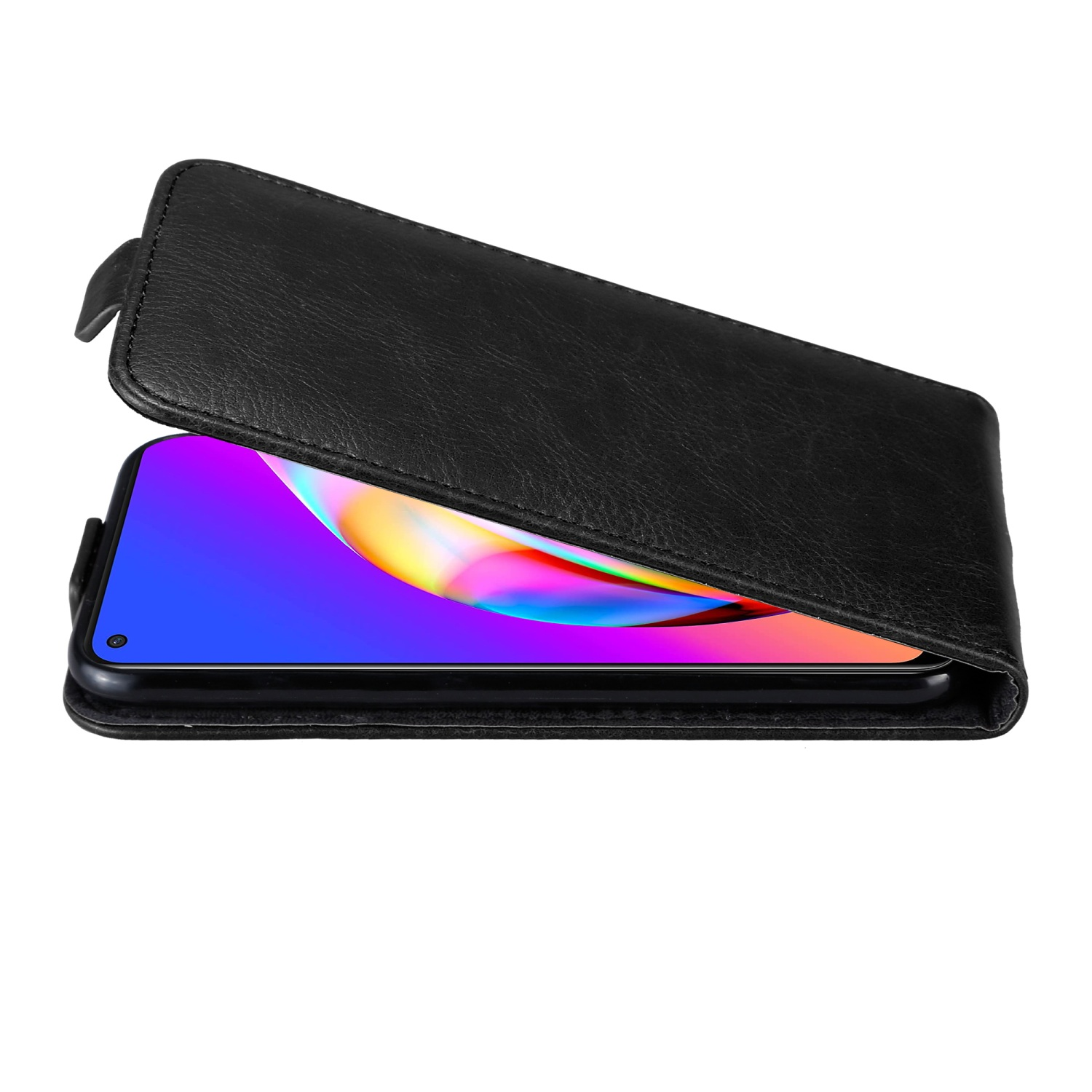 Custodia nera per telefono con telefono all'interno. Testo: Chiusura magnetica invisibile. Schermo colorato del telefono.