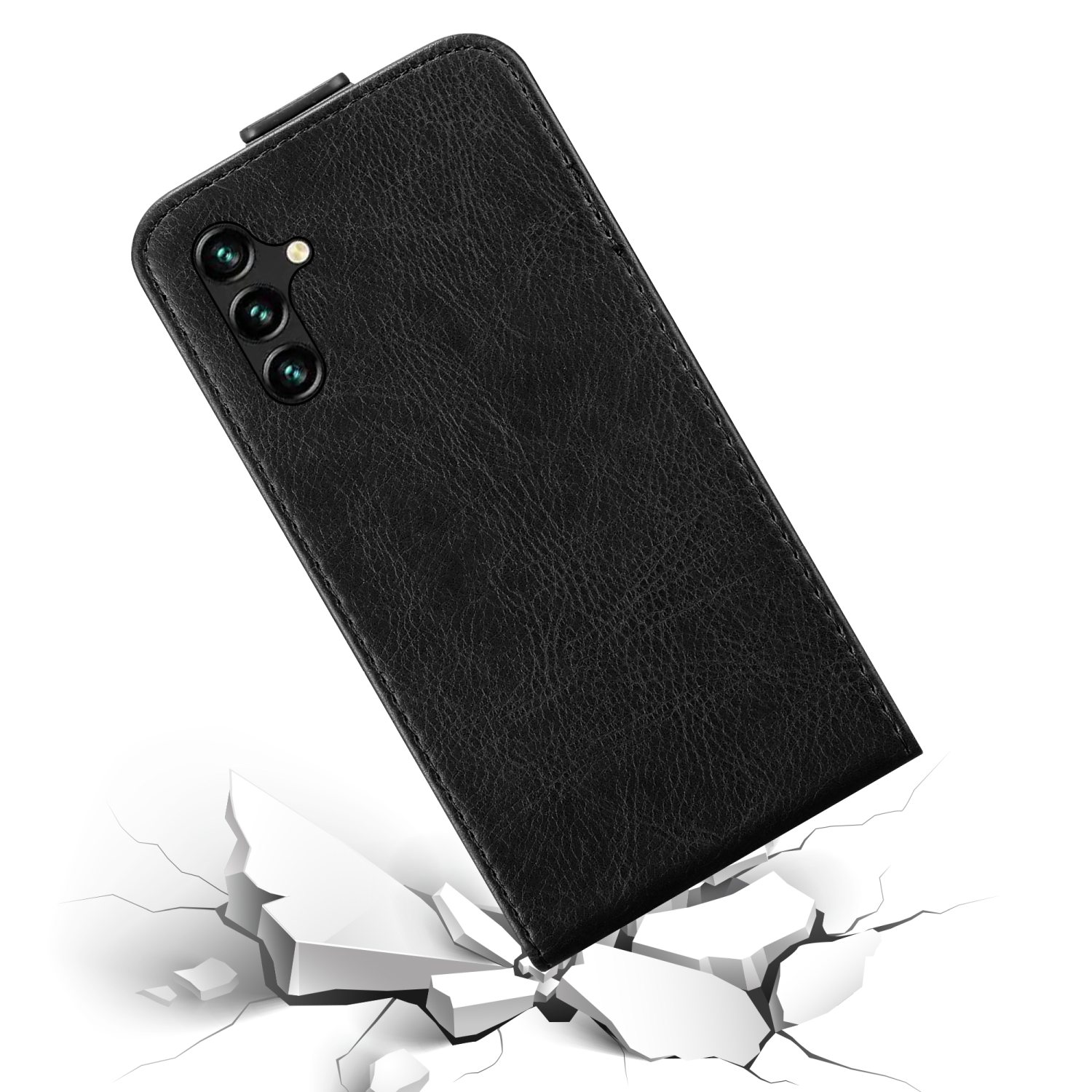 Eine schwarze Handyhülle, die gefallen ist und eine Oberfläche beschädigt hat. Das Telefon im Inneren ist sichtbar.