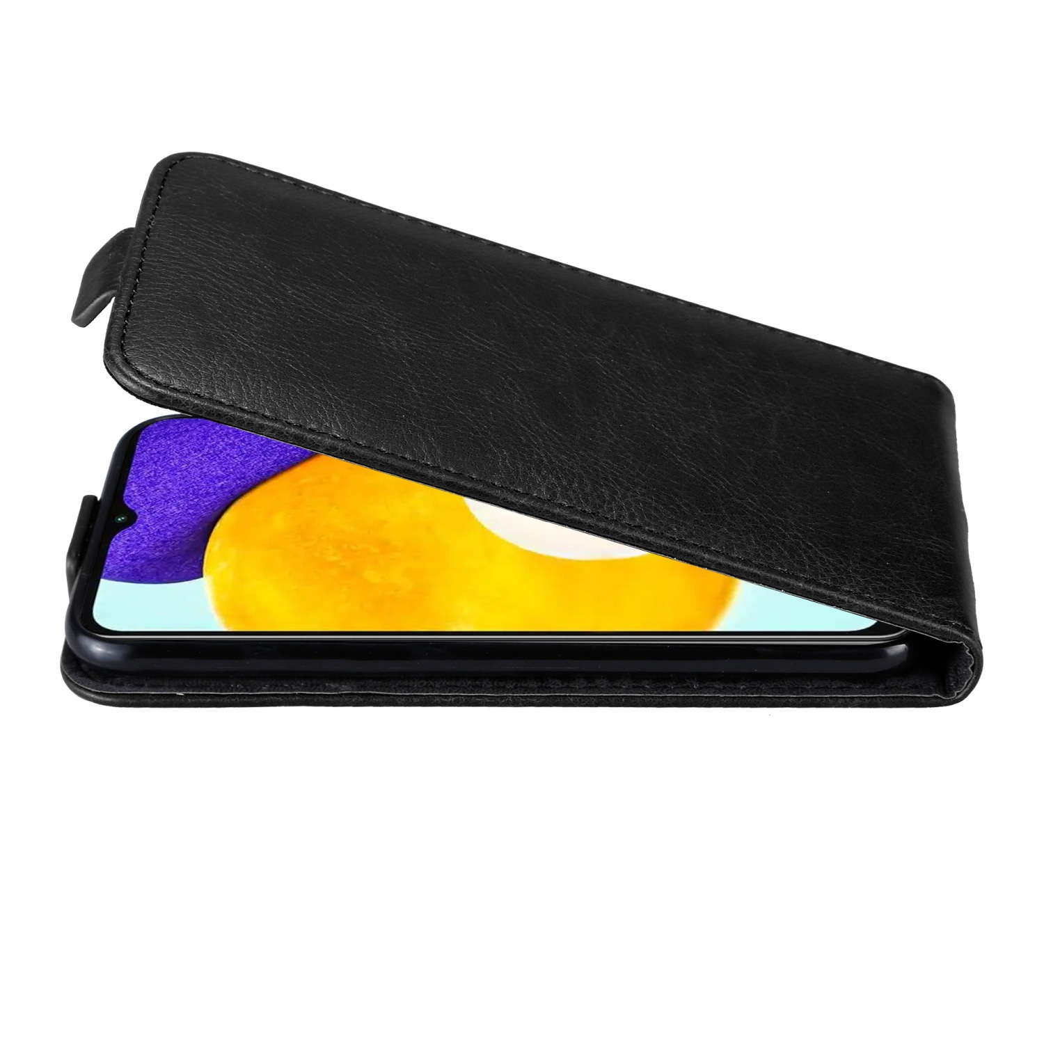 Schwarze Handyhülle, geöffnet, zeigt den Telefonbildschirm. Die Hülle hat eine Klappe.