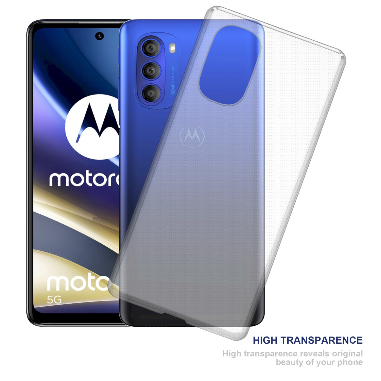 Custodia per telefono con copertura trasparente. Il telefono è blu. Il marchio è Moto 5G.