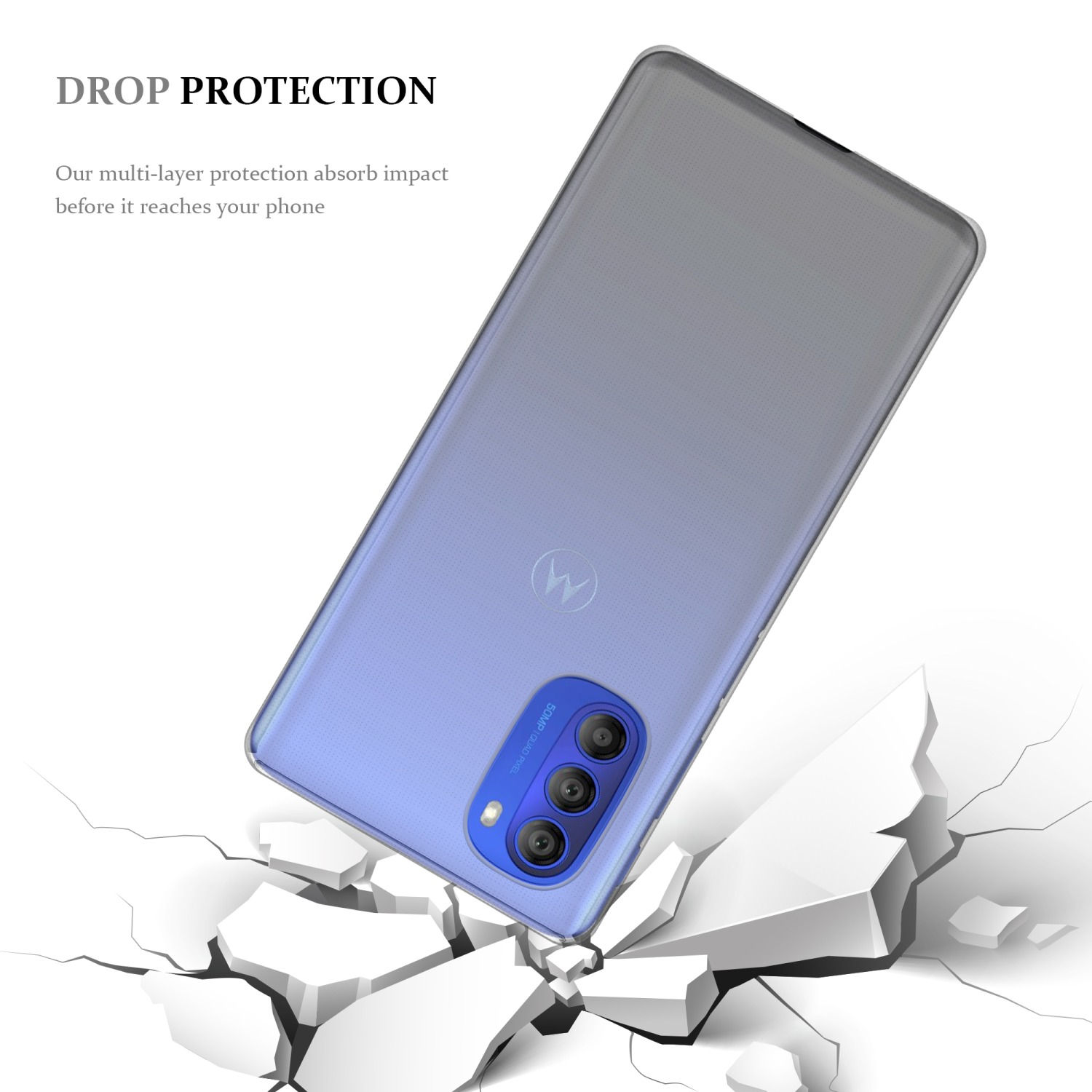 Telefono blu in una custodia protettiva, mostrato su sfondo bianco. La custodia è danneggiata, mostrando la protezione dalle cadute.