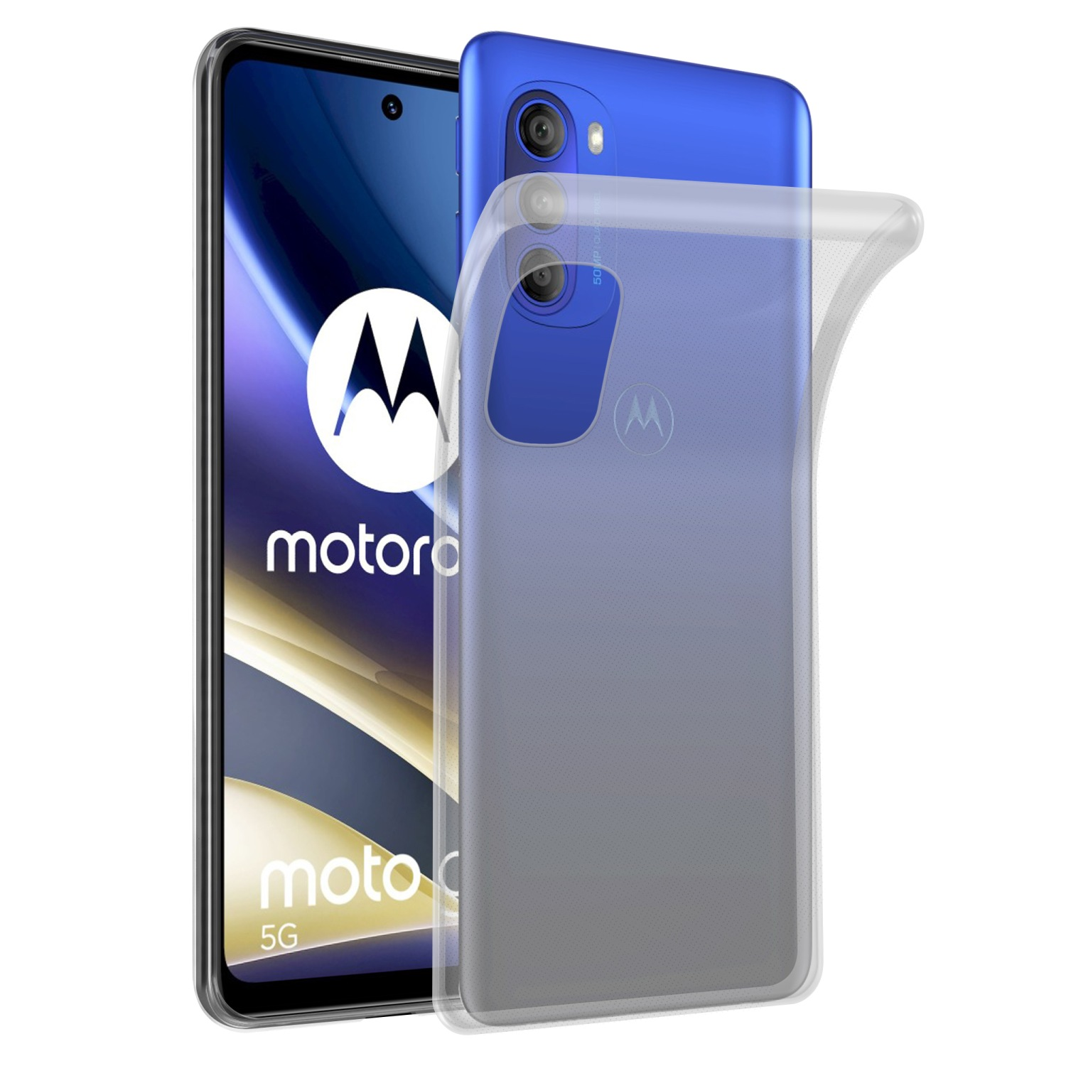 Viene mostrato un telefono con una custodia. Il telefono è blu e la custodia trasparente. Il telefono ha un logo Motorola.