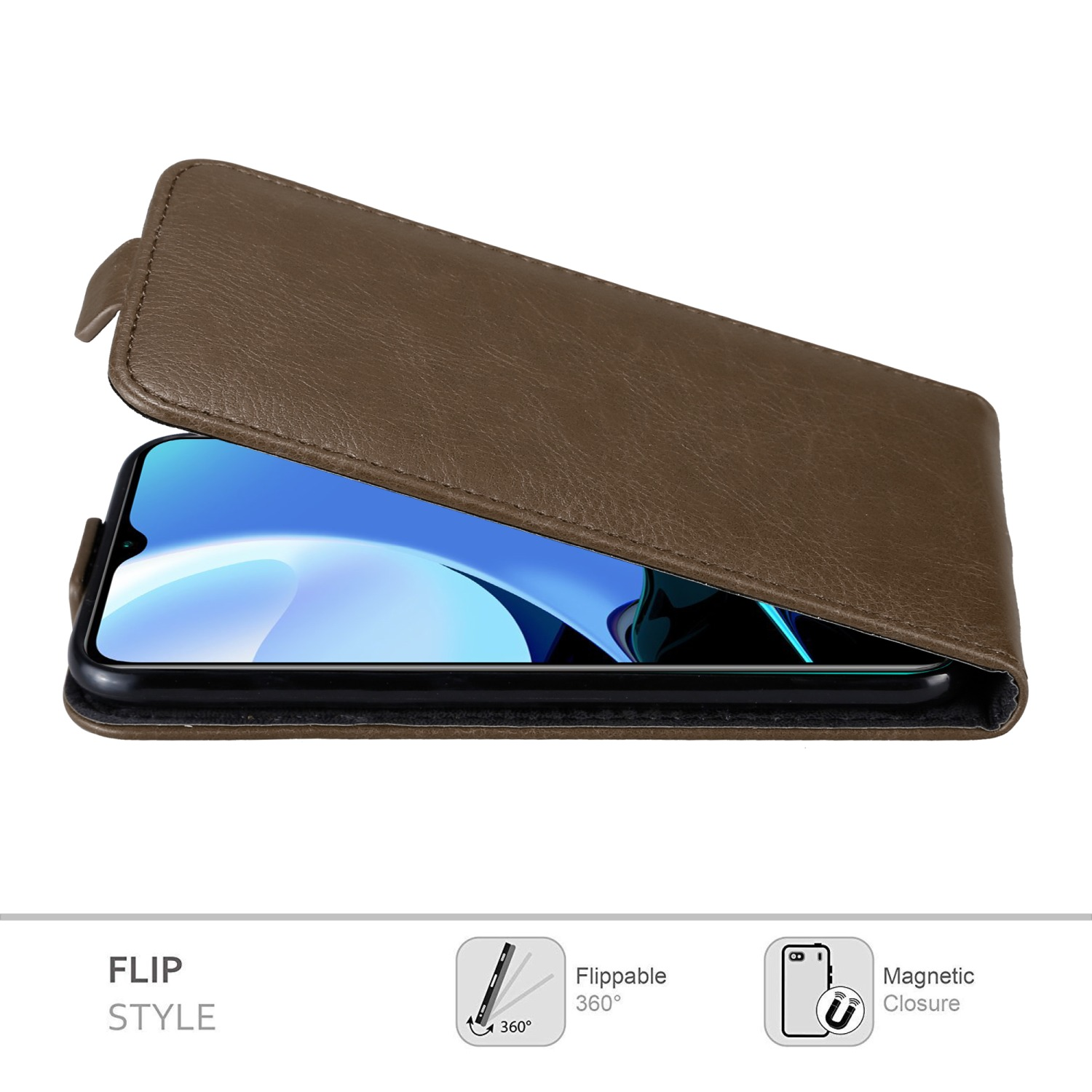 Custodia per telefono marrone aperta con un telefono all'interno. La custodia è in pelle.