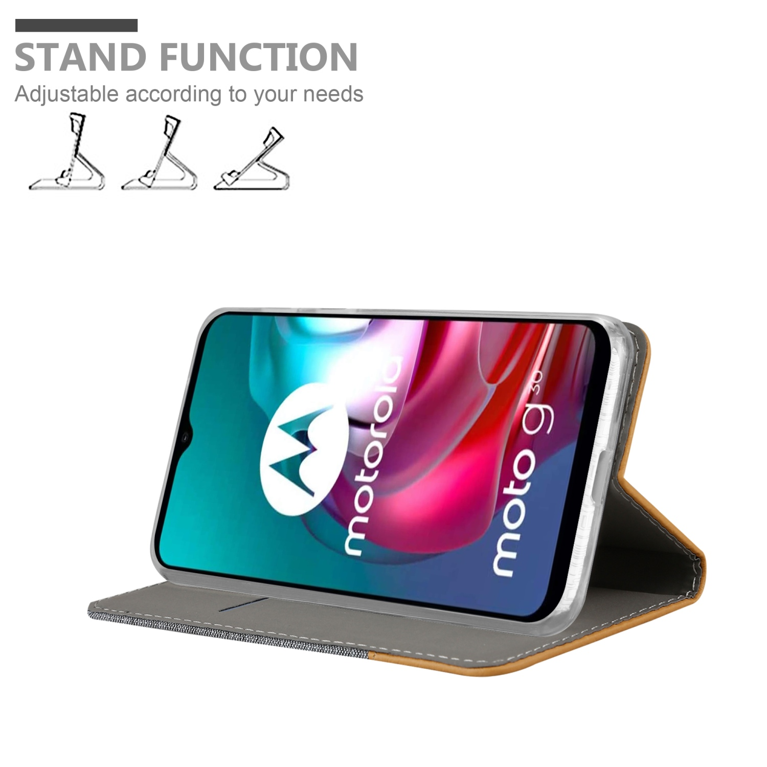 Custodia per telefono con telefono all'interno, in piedi. Il logo Motorola è visibile sullo schermo del telefono.