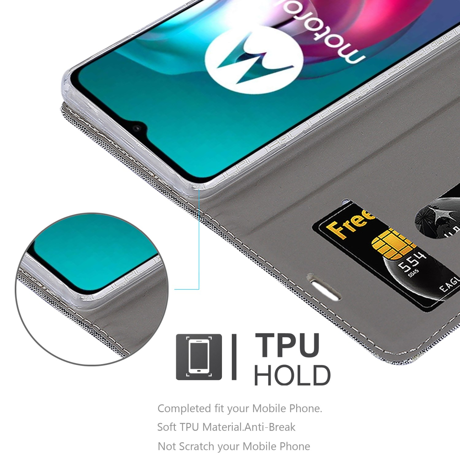 Telefono in una custodia grigia. La custodia ha uno slot per schede. Testo: TPU HOLD. Telefono a sinistra.
