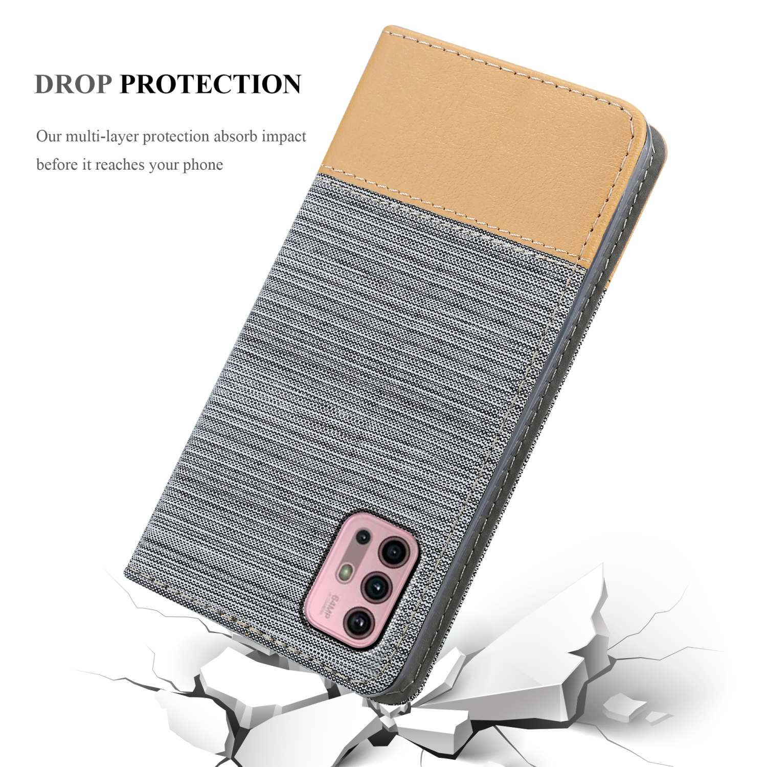 Custodia con texture beige e denim, su superficie incrinata. Protezione dagli urti.