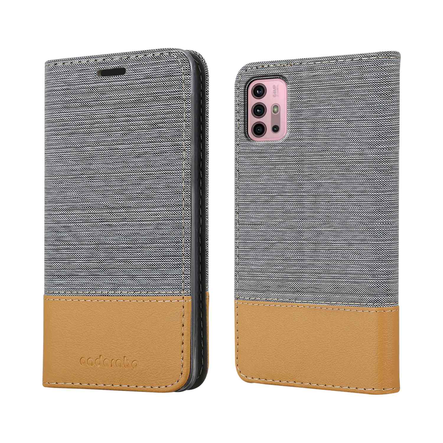 Custodia per telefono, aperta. Due lati con tessuto grigio e una base in pelle marrone.