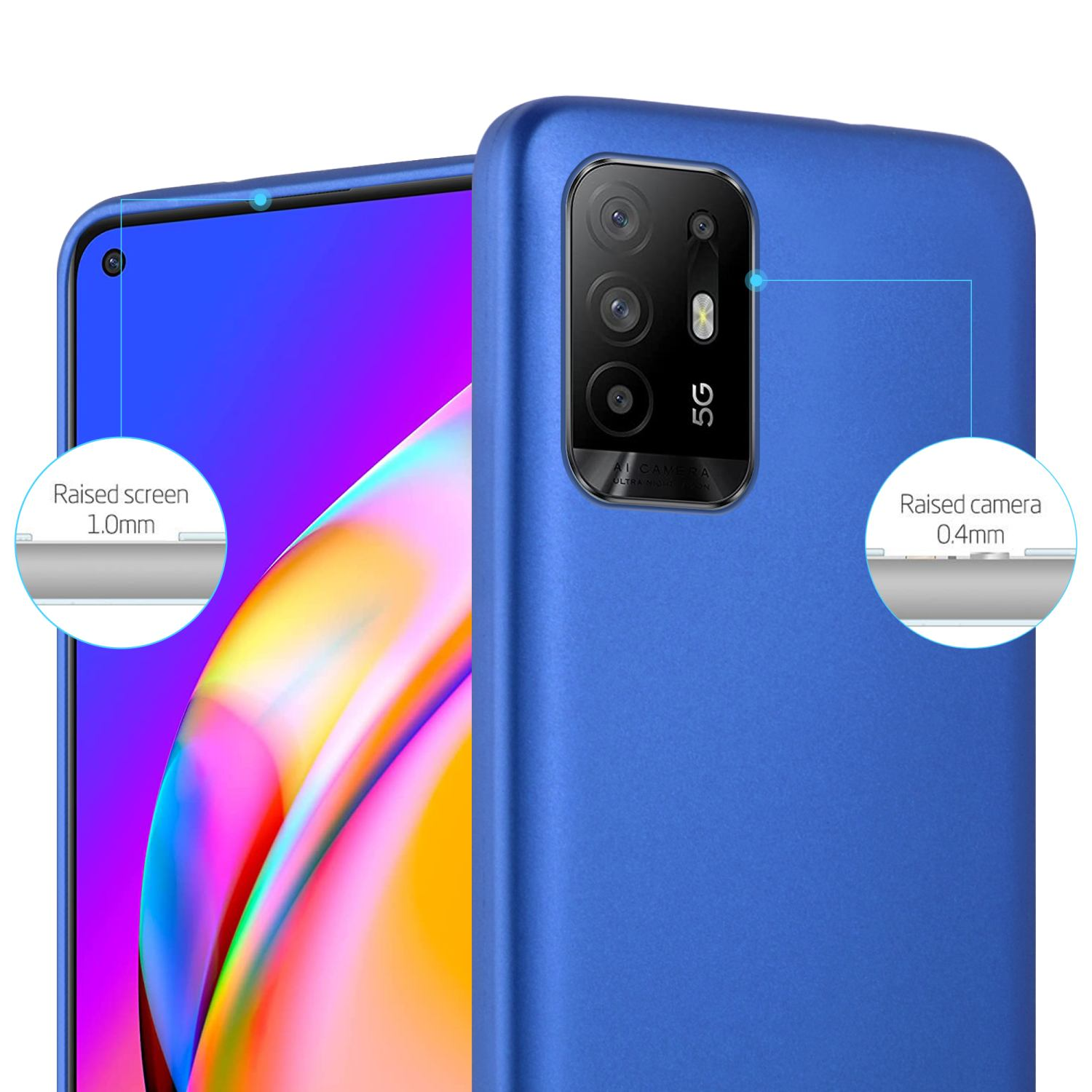 Una custodia per telefono blu con un telefono all'interno. La custodia ha bordi rialzati.