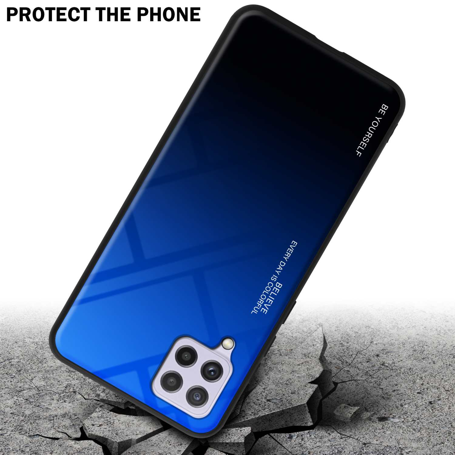 Telefono in una custodia blu sfumata, angolato, terreno crepato sotto. Testo: 'Proteggi il telefono'. Protegge dagli urti.