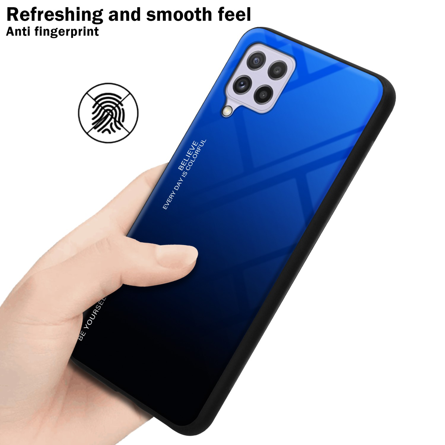 Custodia per telefono blu e nera tenuta in mano. Design anti-impronte.