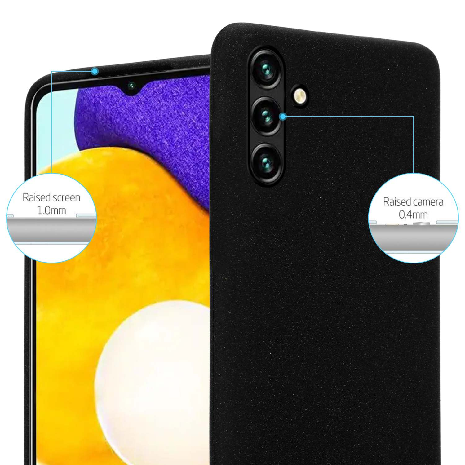 Eine schwarze Handyhülle, mit sichtbarer Kamera und Bildschirm des Telefons. Die Details des Telefons werden gezeigt.