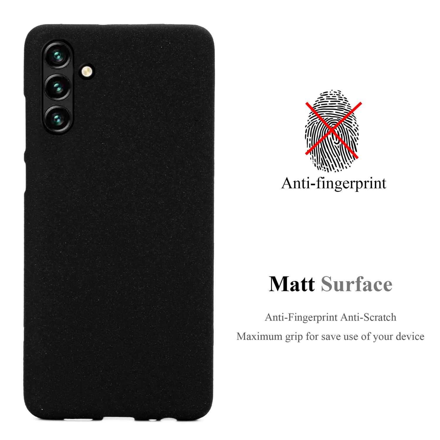Schwarze Handyhülle, Anti-Fingerabdruck. Text: Matt Oberfläche, Anti-Fingerabdruck, Anti-Kratzer, maximaler Grip.