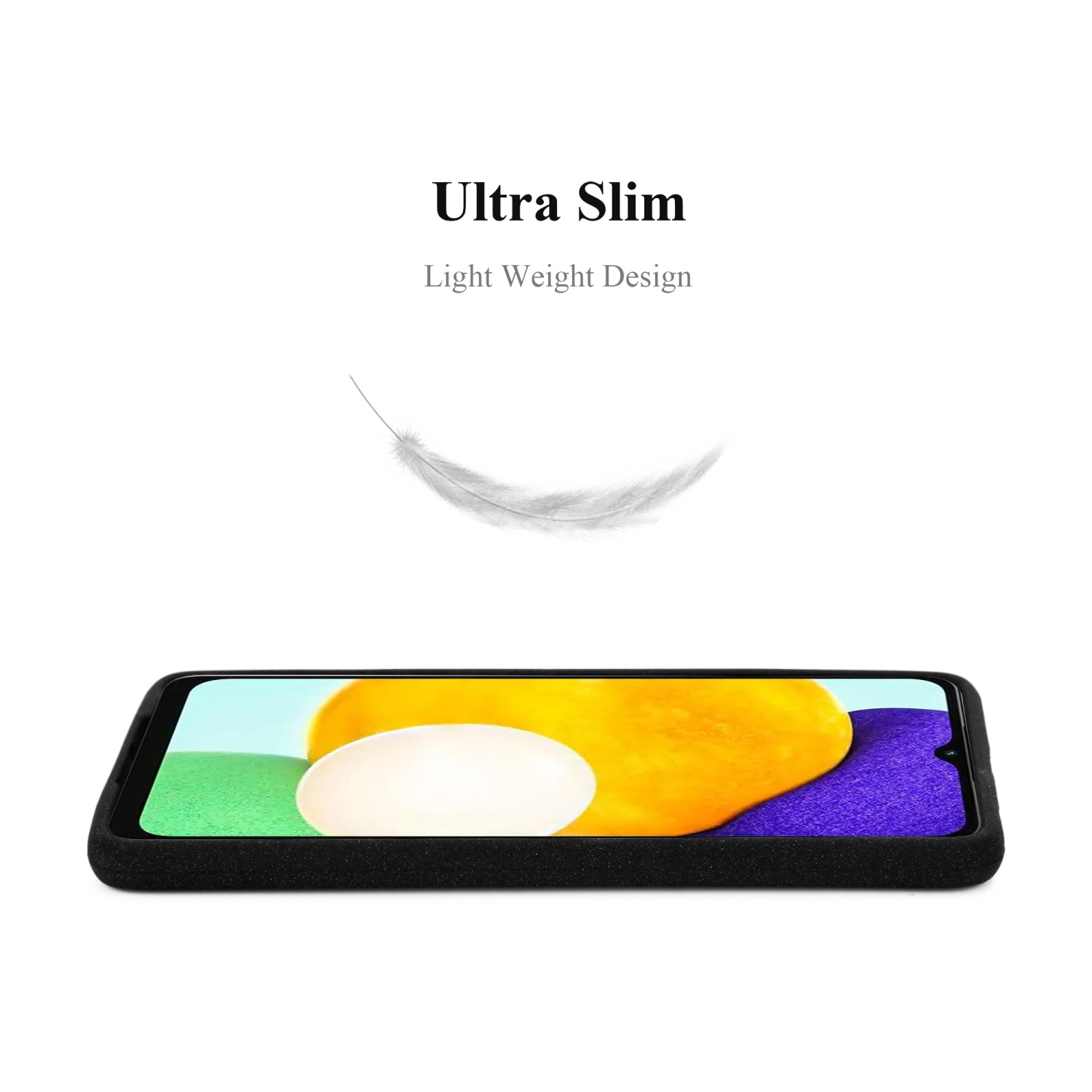 Eine schwarze Handyhülle liegt flach. Eine weiße Feder schwebt darüber. Text sagt: Ultra Slim, Light Weight Design.