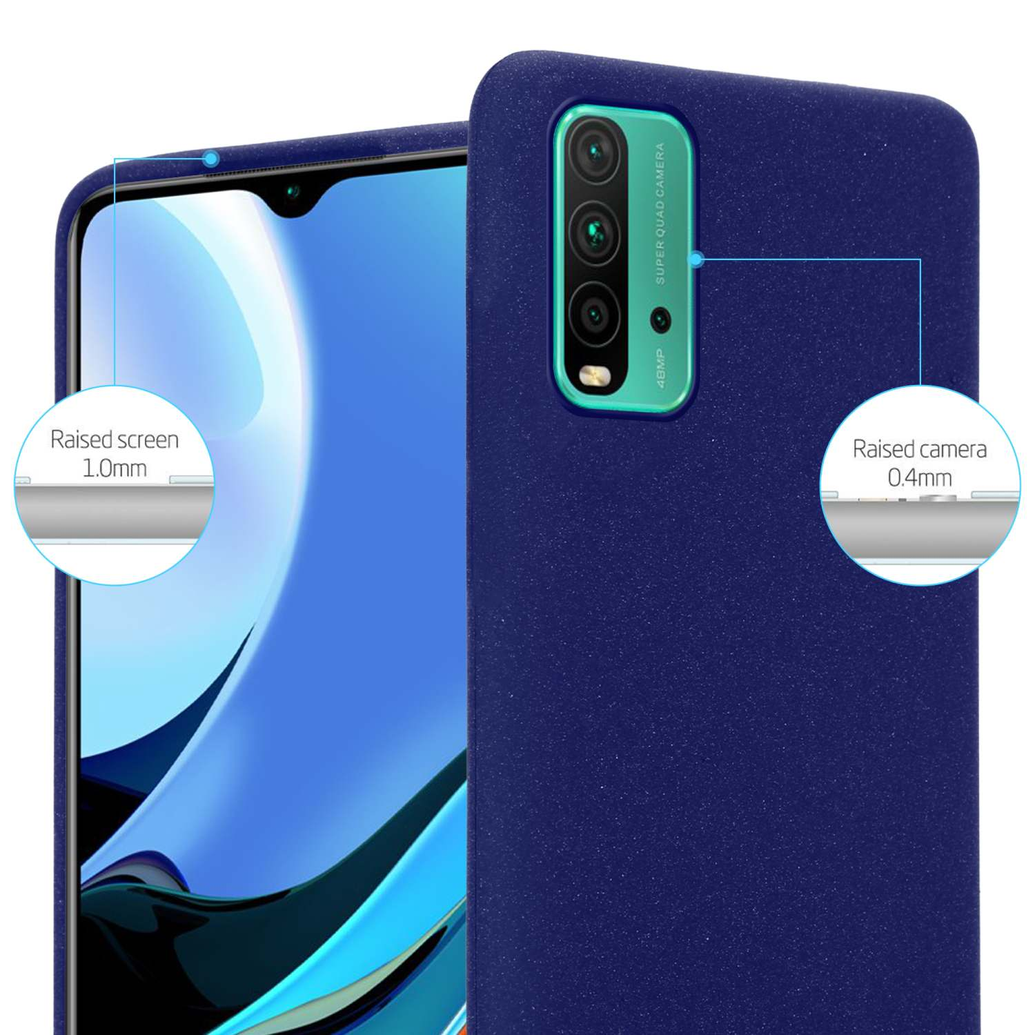 Una custodia per telefono blu scuro con fotocamera e schermo rialzati.