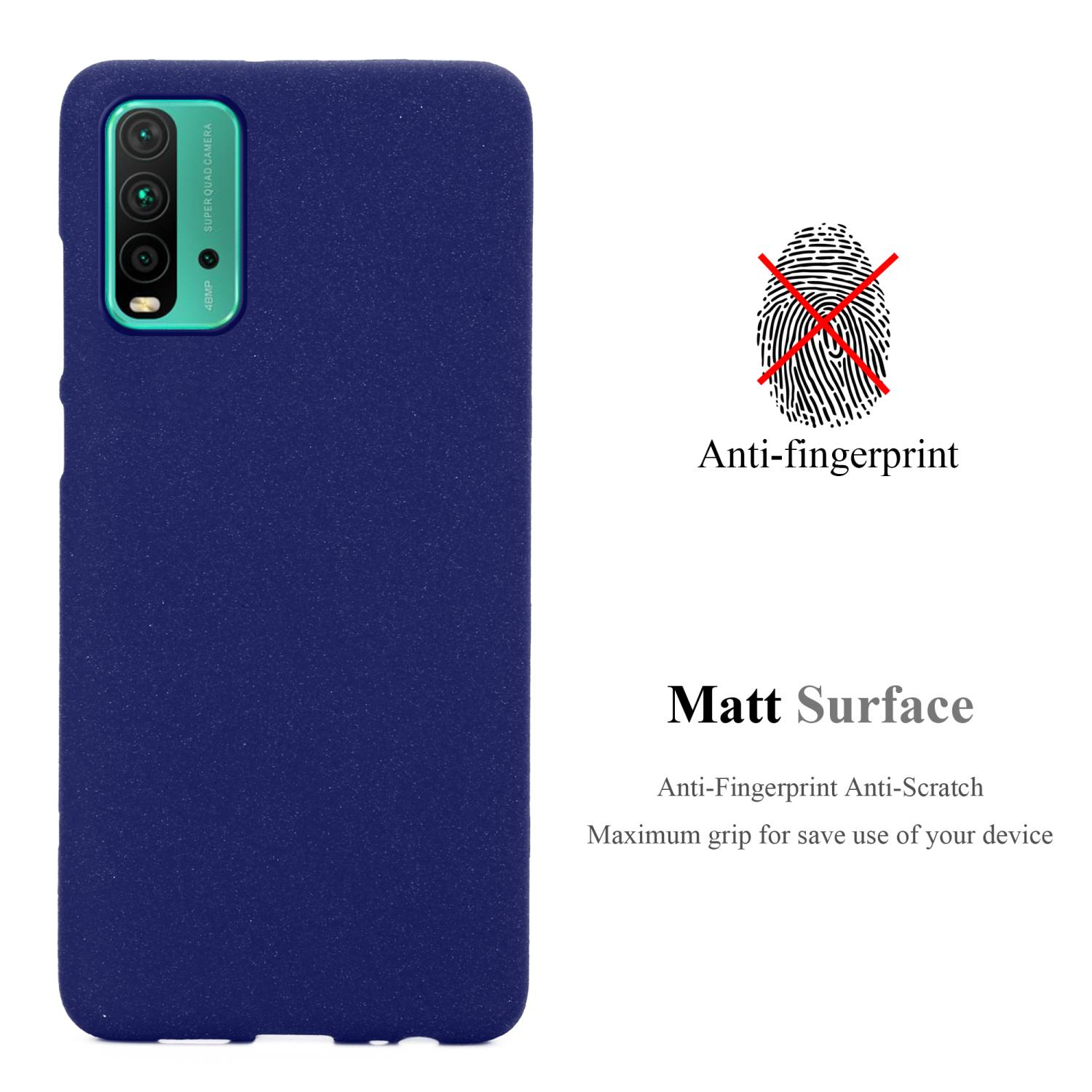 Custodia blu per telefono. Testo: Anti-impronte, superficie opaca.