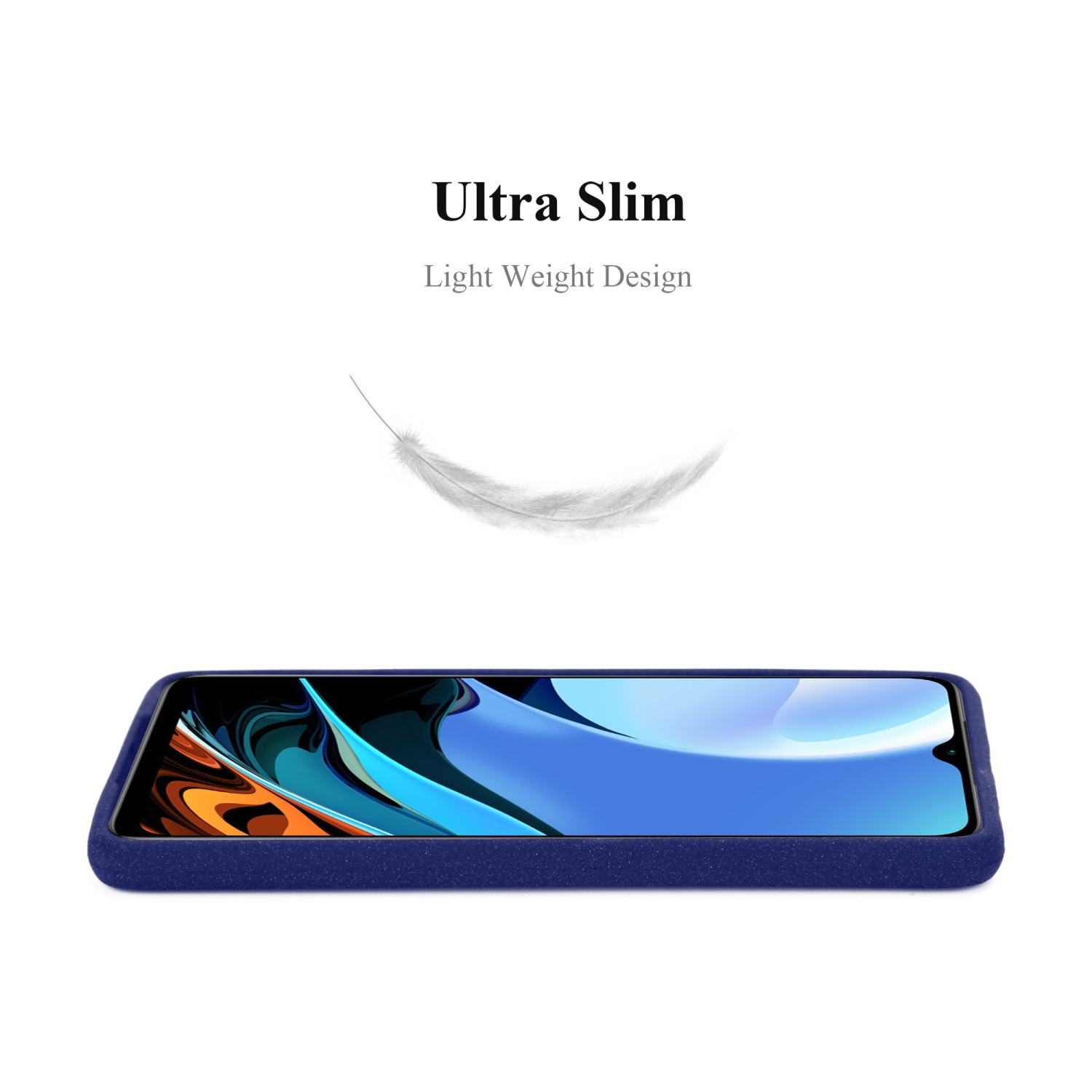 Custodia blu scuro con telefono dentro. Testo: Ultra Slim. Piuma sopra il telefono.