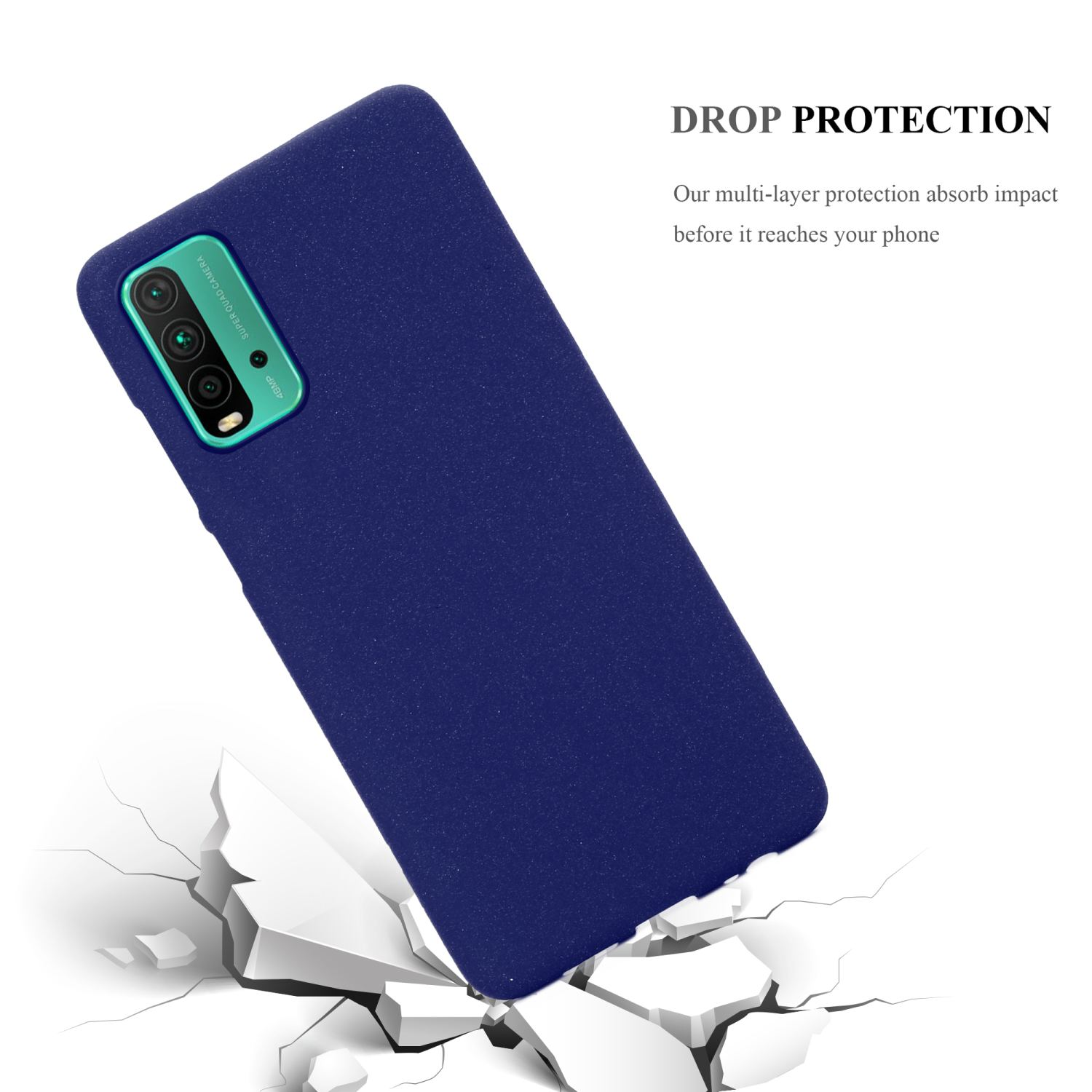 Custodia per telefono blu che cade con il telefono. Protezione dalle cadute. Sfondo bianco.