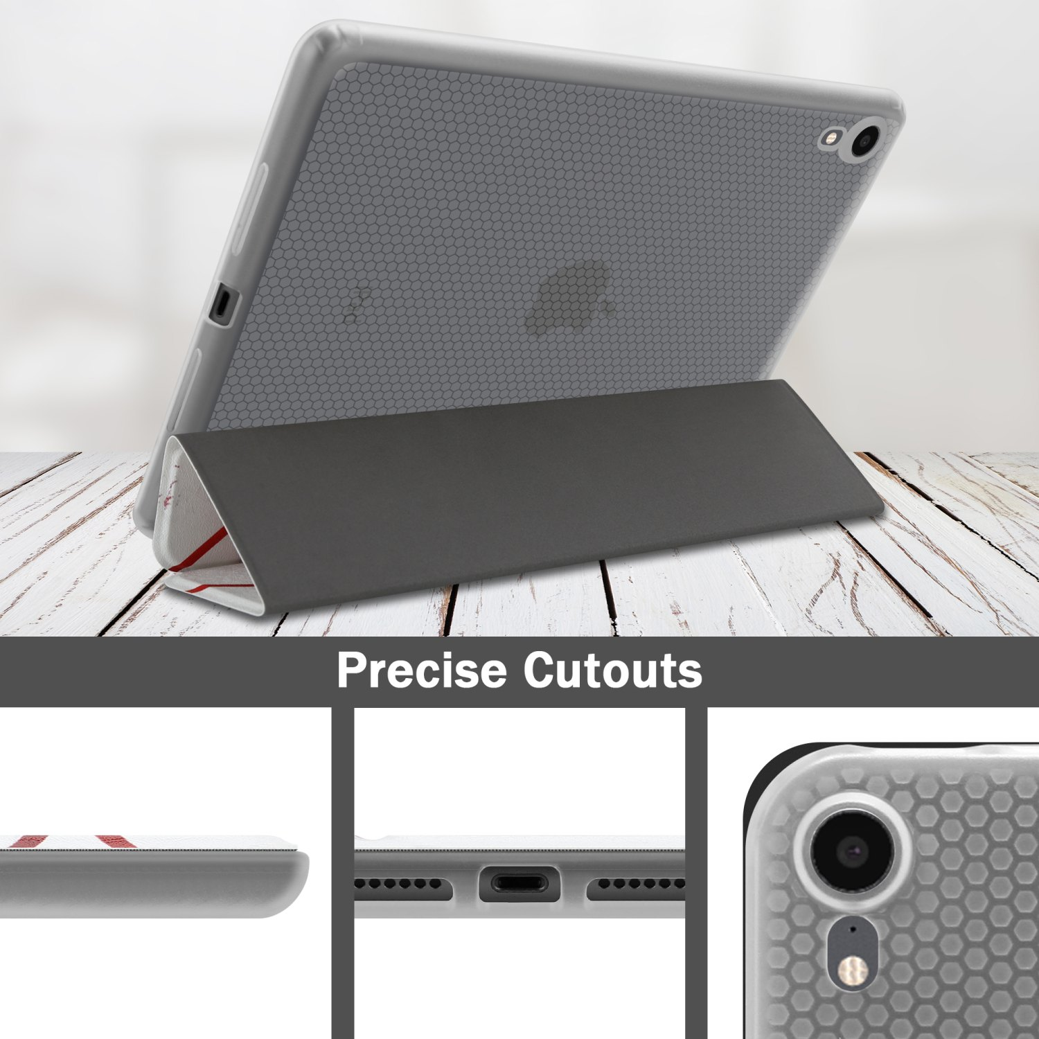 Un supporto per tablet con un tablet all'interno. Il tablet è grigio e bianco.