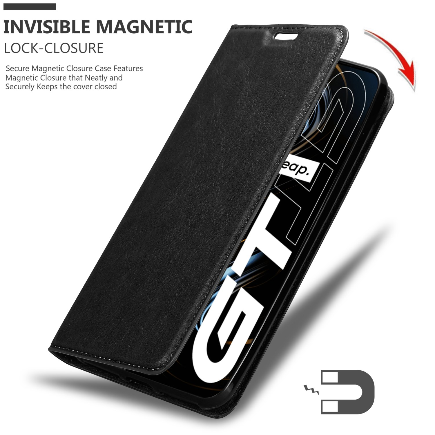 Custodia nera aperta, che rivela il telefono. Grafica magnete. Iscrizione GT.