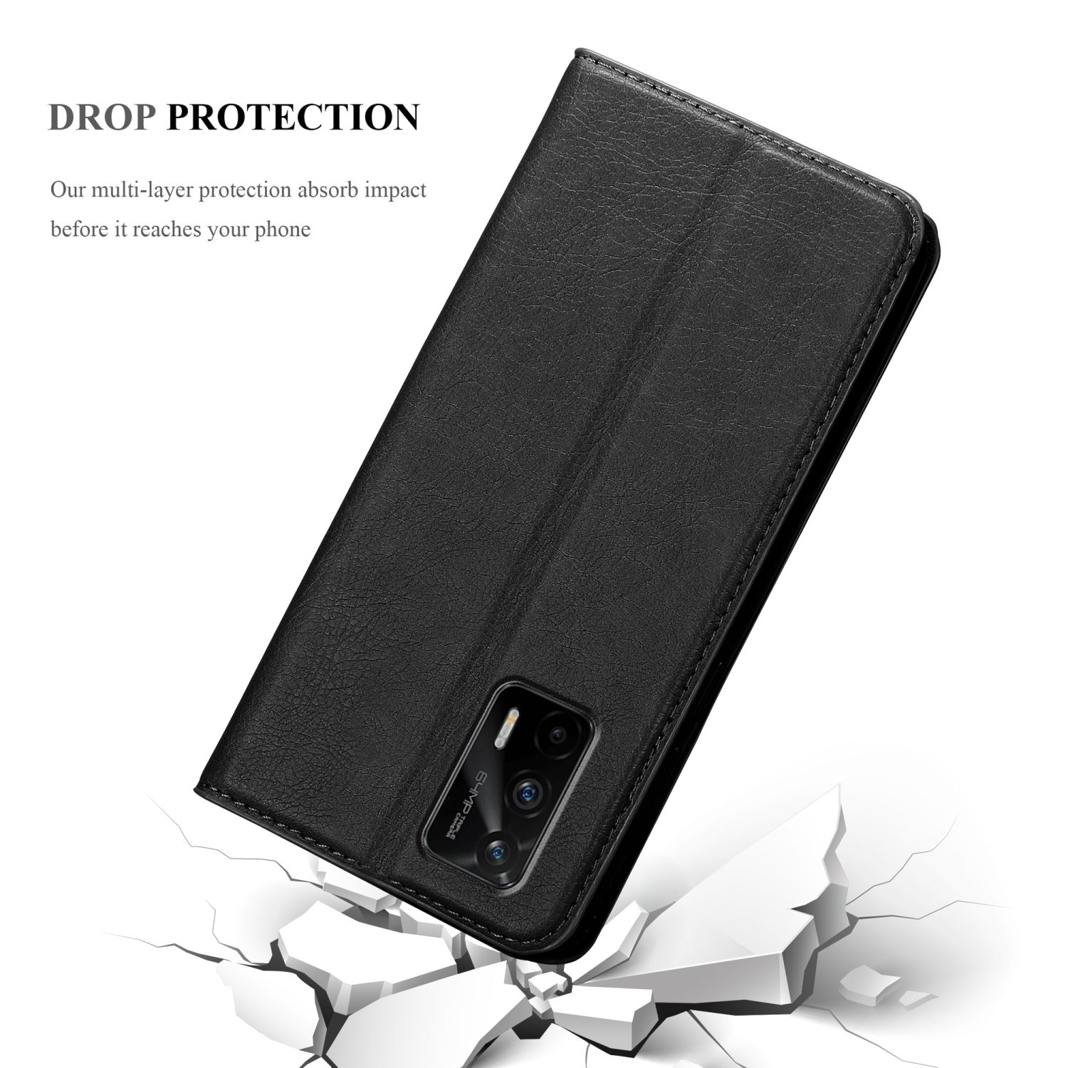 Custodia nera, texture pelle, aperta. Testo: Protezione dalle cadute. Sfondo bianco con crepe.