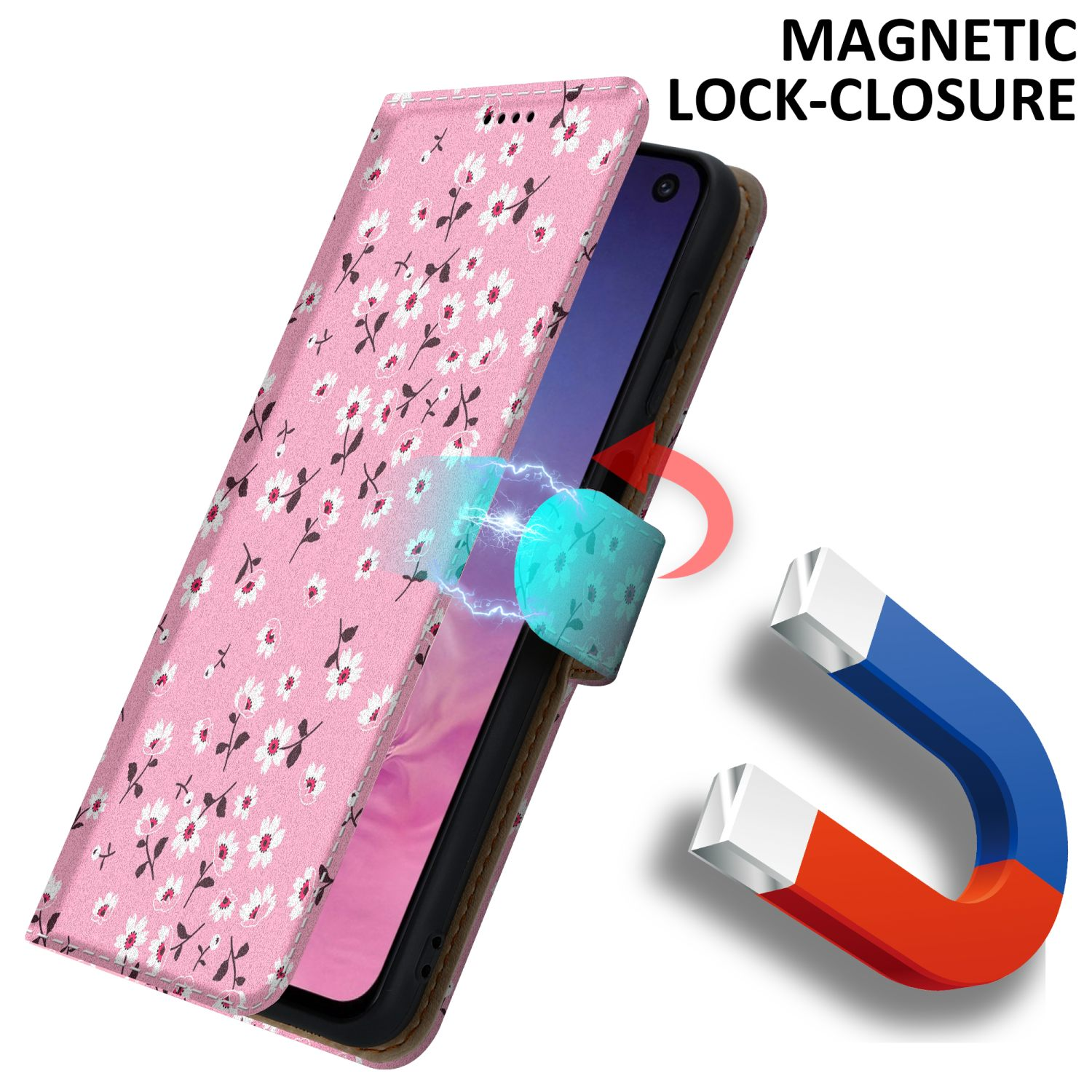 Custodia rosa con design floreale e chiusura magnetica. Un magnete è mostrato che attrae la custodia.