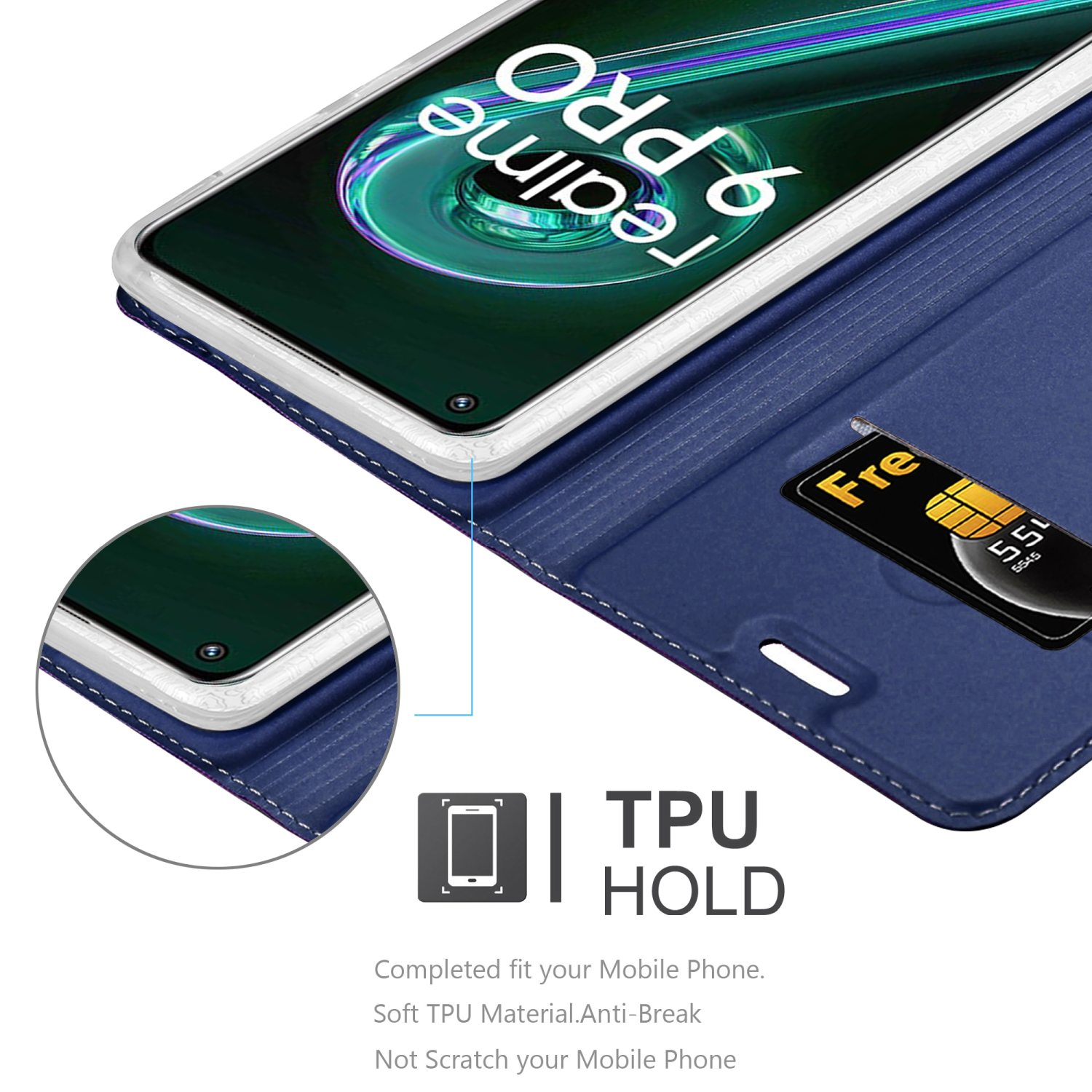Custodia blu per telefono con telefono all'interno. Etichetta TPU HOLD. Materiale TPU morbido.