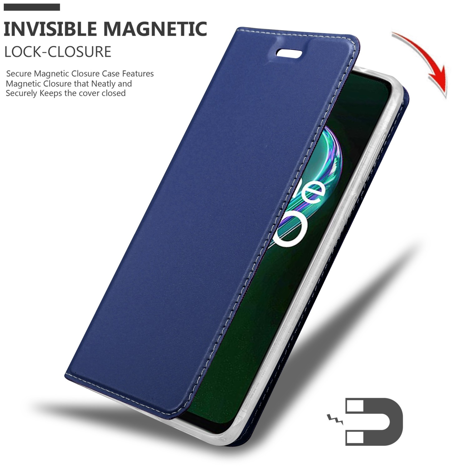 Custodia blu per telefono aperta, che mostra il telefono. Chiusura magnetica. Testo: Chiusura magnetica invisibile.