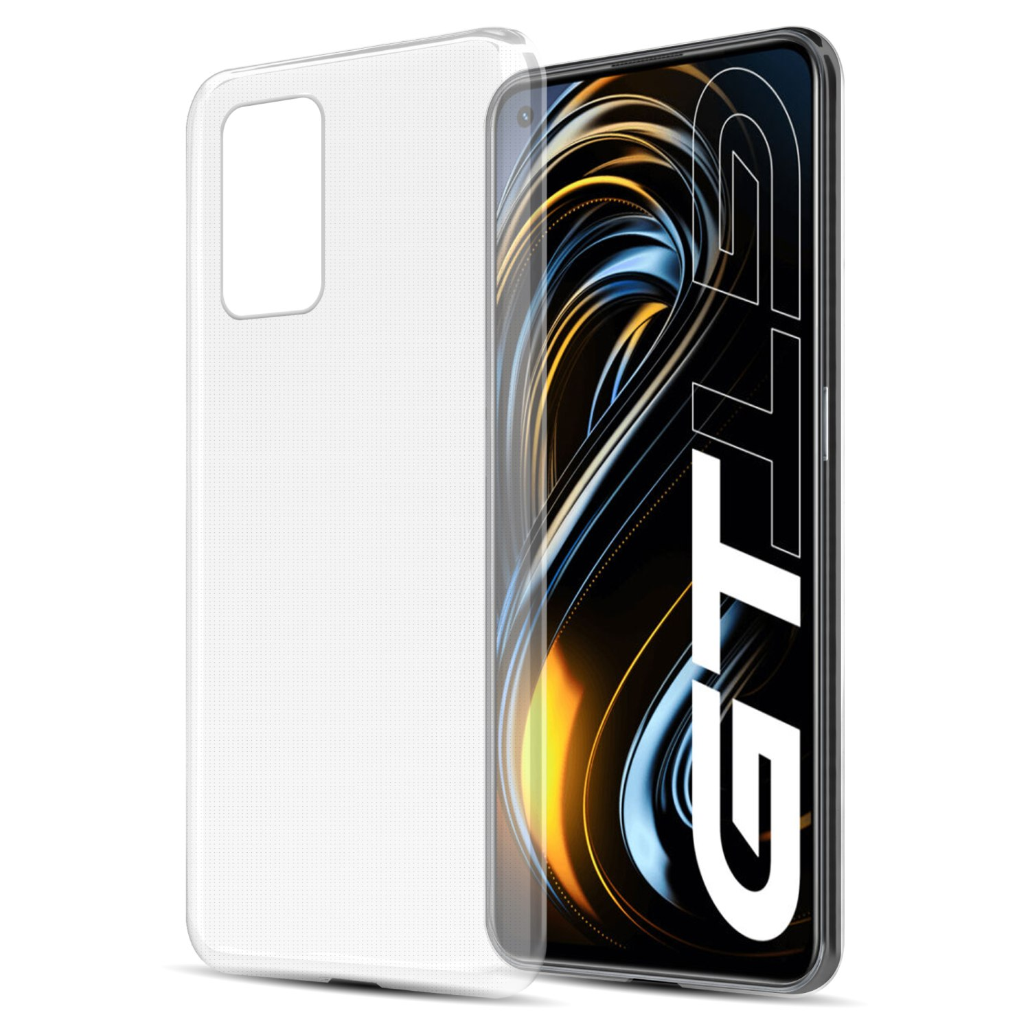 Funda transparente para teléfono, teléfono dentro. Texto negro en la pantalla del teléfono. Fondo blanco.