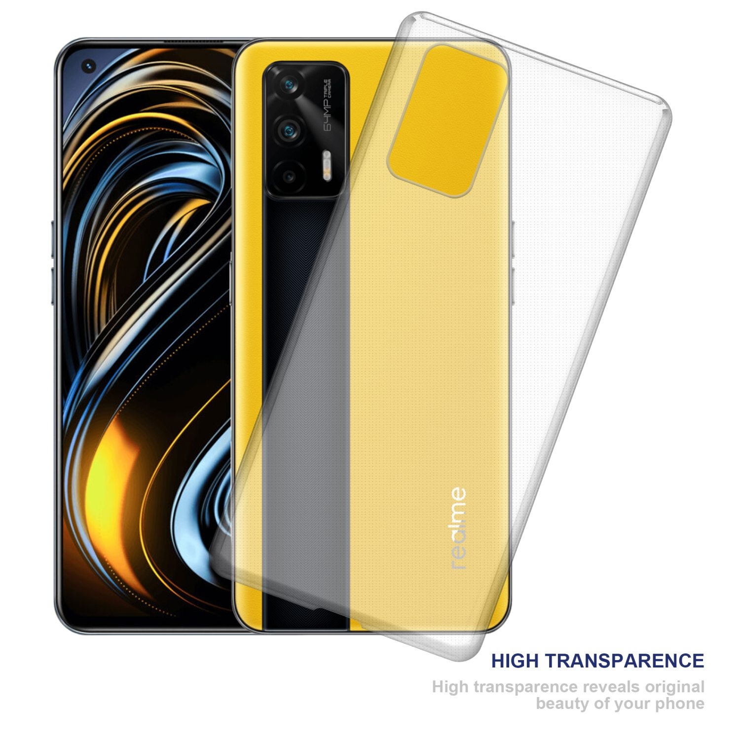 Un teléfono con la parte trasera amarilla, una funda transparente encima, fondo blanco.