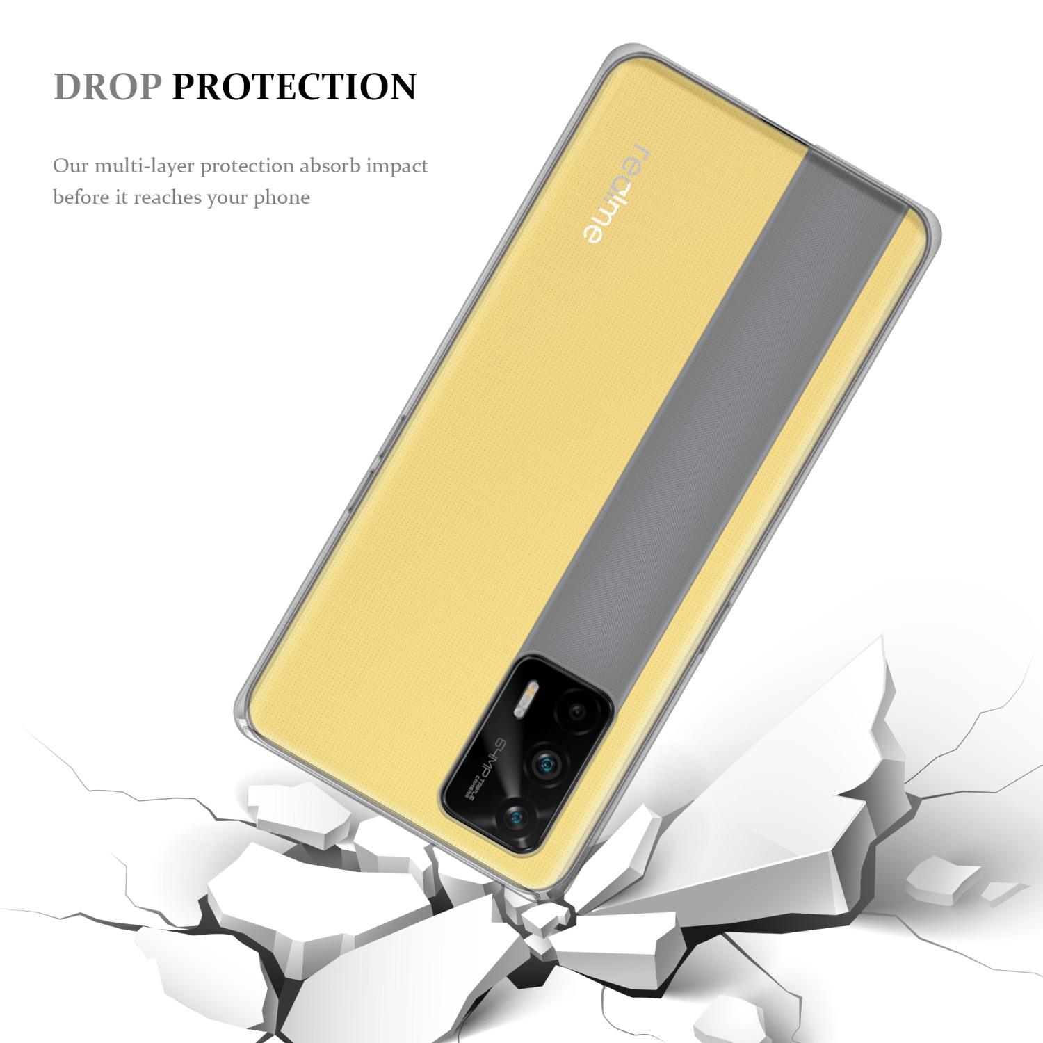 Funda amarilla con teléfono, protección contra impactos. Fondo: blanco y agrietado.