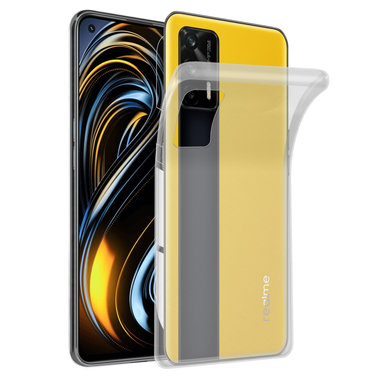 Un teléfono amarillo con una funda transparente. Hay otro teléfono a la izquierda. La funda transparente cubre el teléfono.