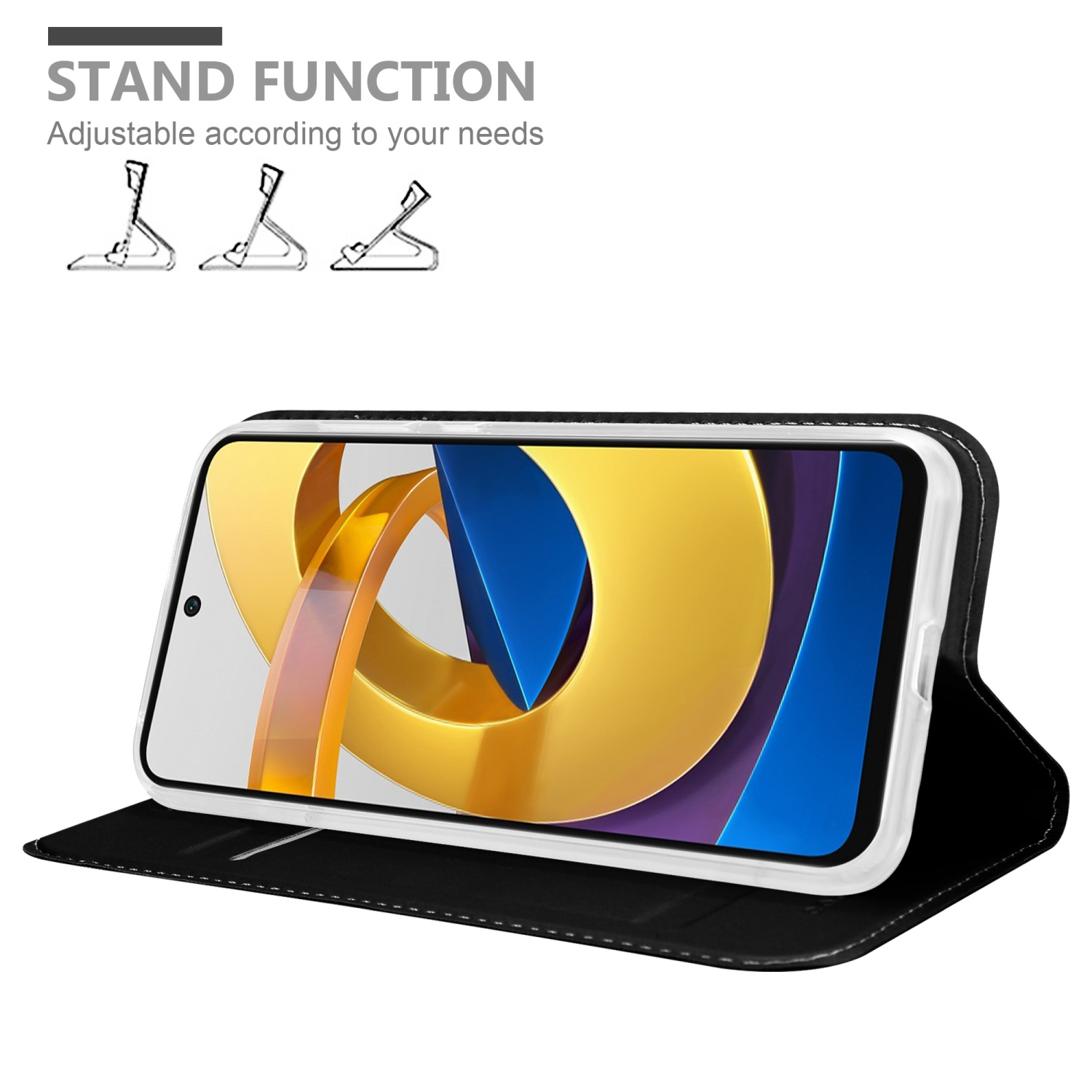 Telefono in una custodia nera con funzione stand, mostra uno schermo blu e giallo. Funzione stand visibile.