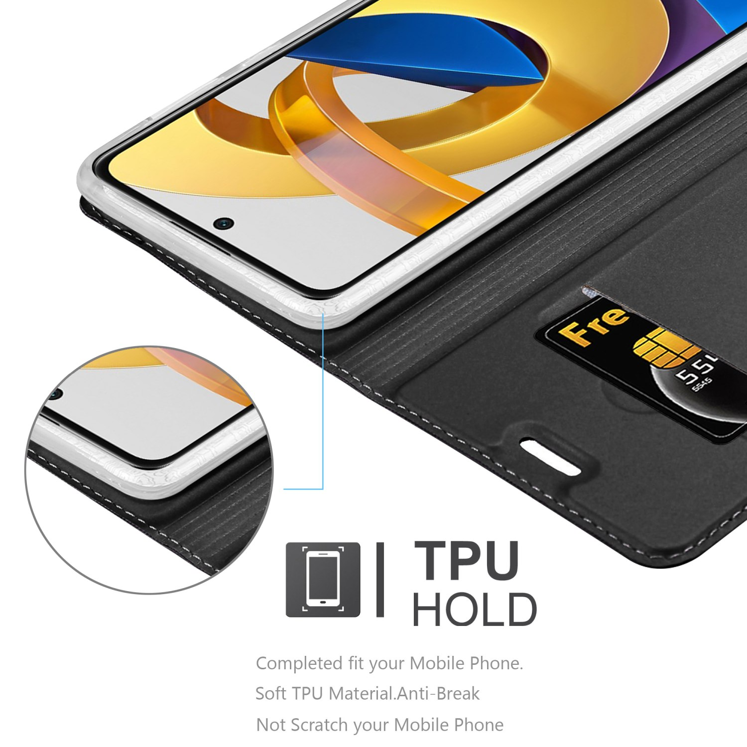 Custodia nera con telefono. Testo TPU HOLD e carta sono anche visibili.
