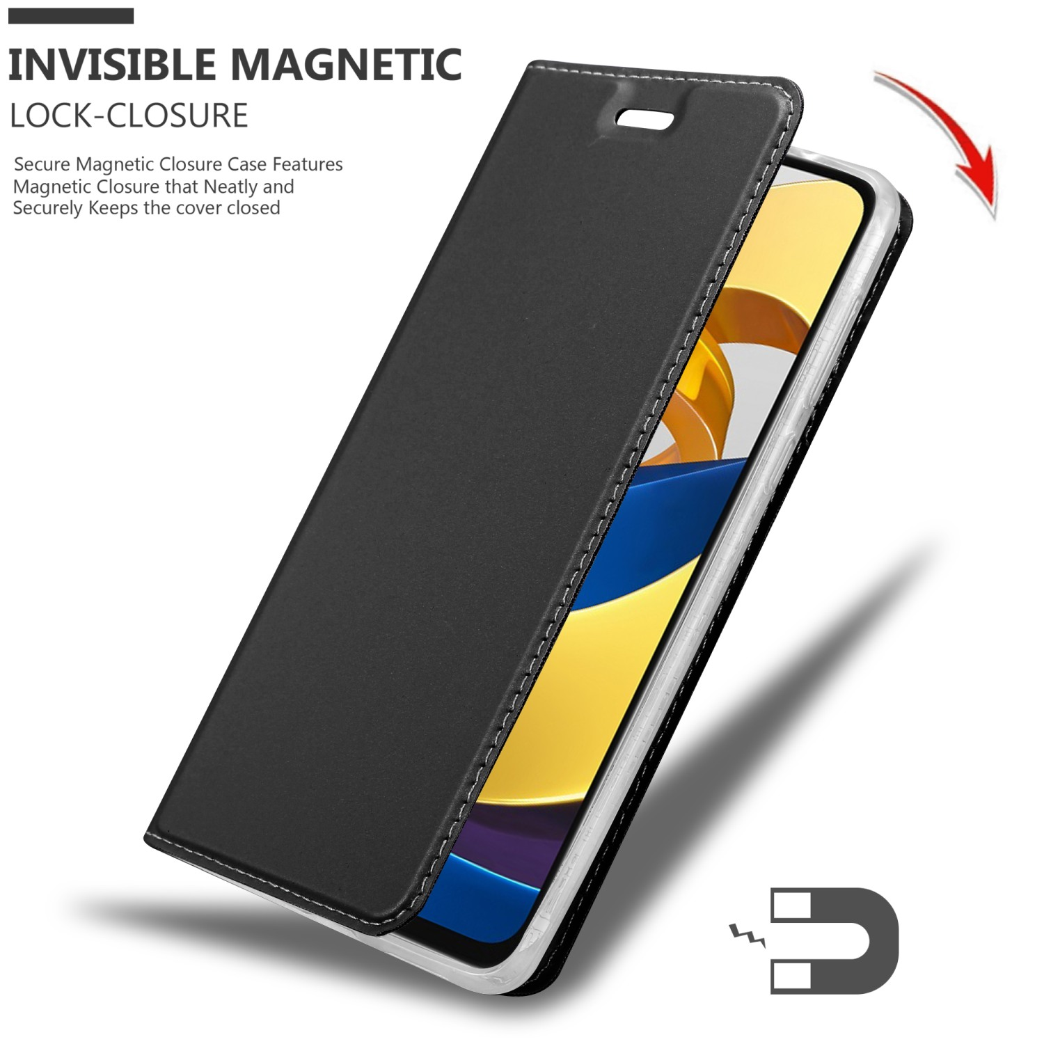 Custodia per telefono nera aperta, che rivela un telefono. Viene mostrato un magnete. Il testo dice 'INVISIBLE MAGNETIC LOCK-CLOSURE'.