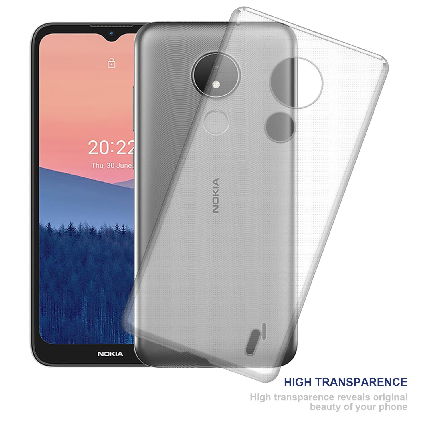 Telefono con custodia trasparente. Il telefono mostra uno schermo. Il testo in basso dice 'High transparence'.
