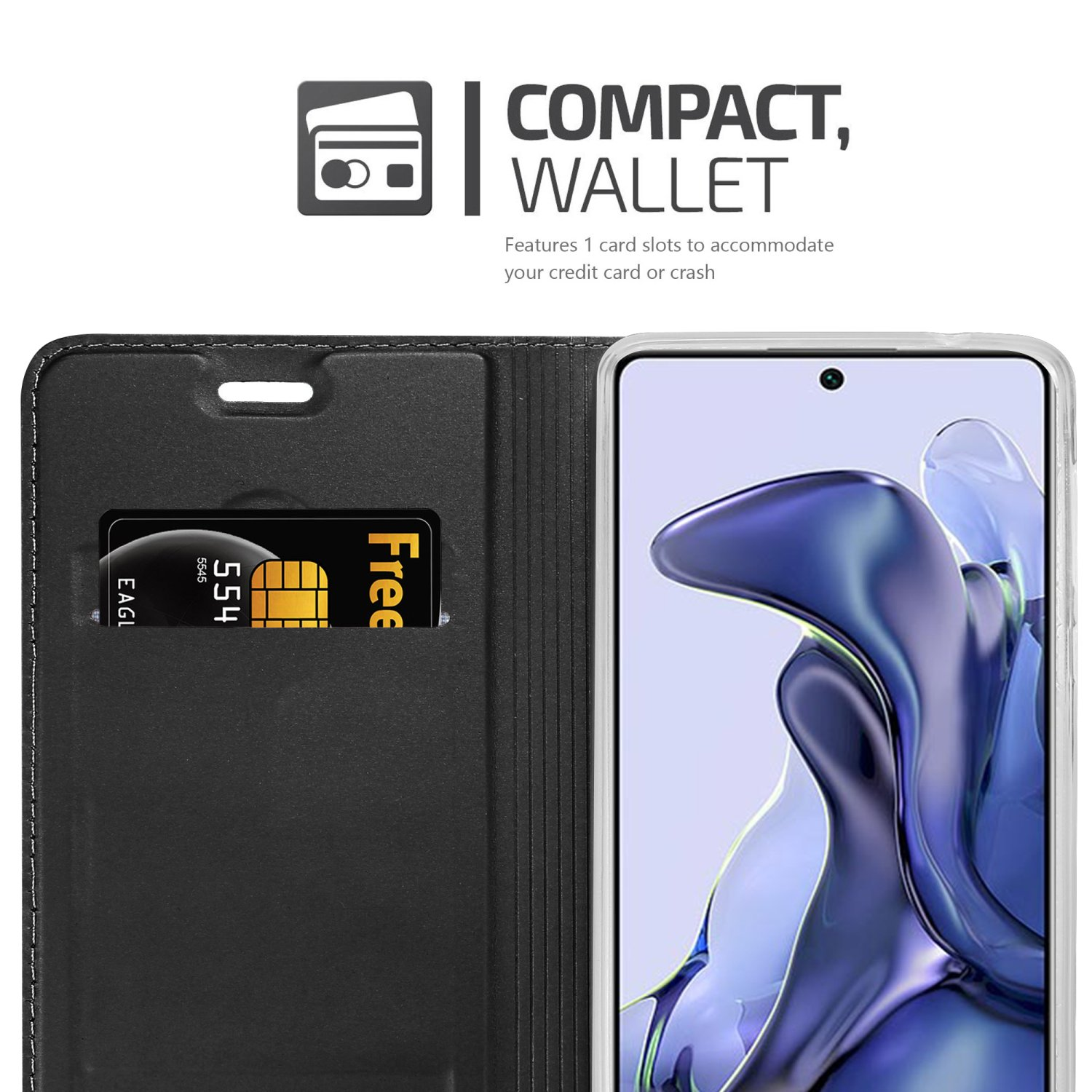 Custodia per telefono nera con slot per schede e telefono. Testo: Portafoglio compatto. Dispone di 1 slot per schede.