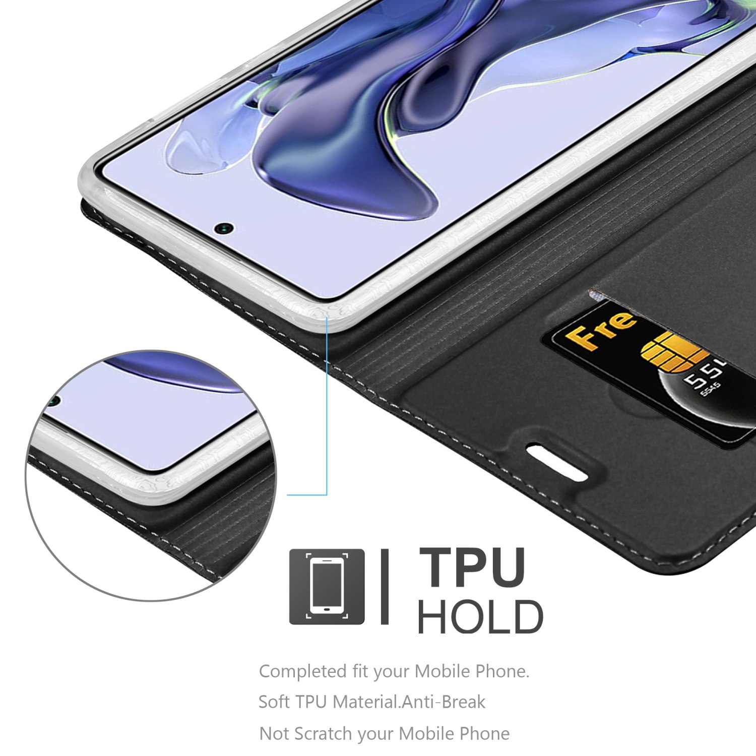 Custodia del telefono aperta, un telefono è all'interno. Una SIM è visibile e un'etichetta TPU HOLD.
