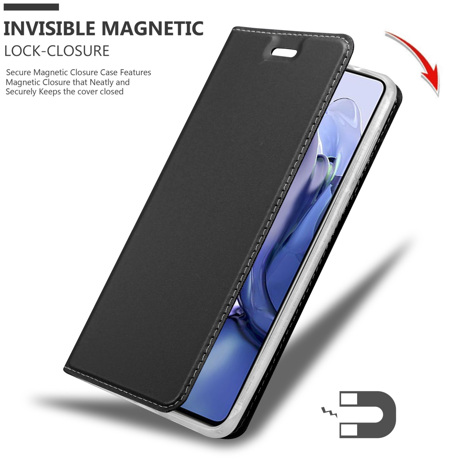 Custodia nera aperta, che mostra il telefono, con un magnete.