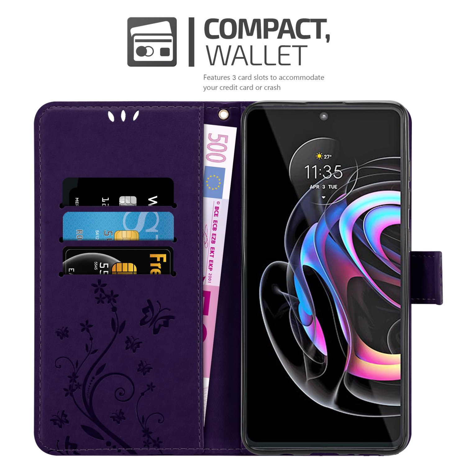 Custodia per telefono viola, aperta con carte e denaro. Schermo del telefono visibile, ora visualizzata.