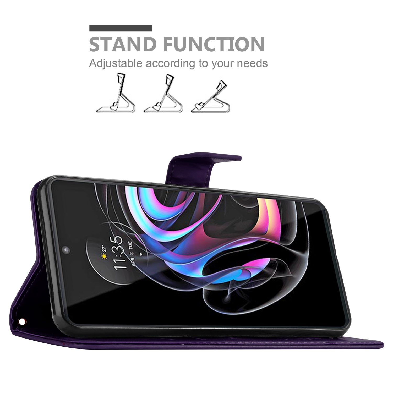 Custodia per telefono viola con telefono. Mostra la funzione stand, regolabile in base alle tue esigenze.