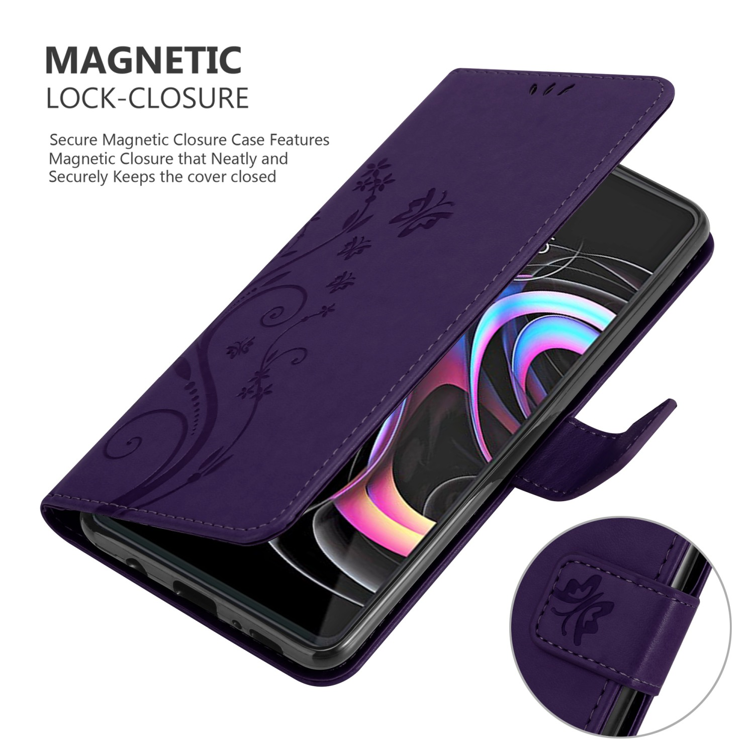 Custodia viola aperta, mostra lo schermo. Design floreale sulla copertina e piccolo dettaglio.