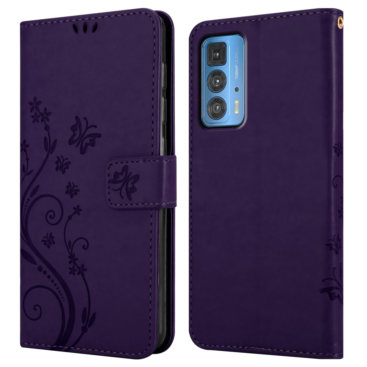 Custodia per telefono viola, aperta e chiusa. Design floreale e chiusura magnetica.