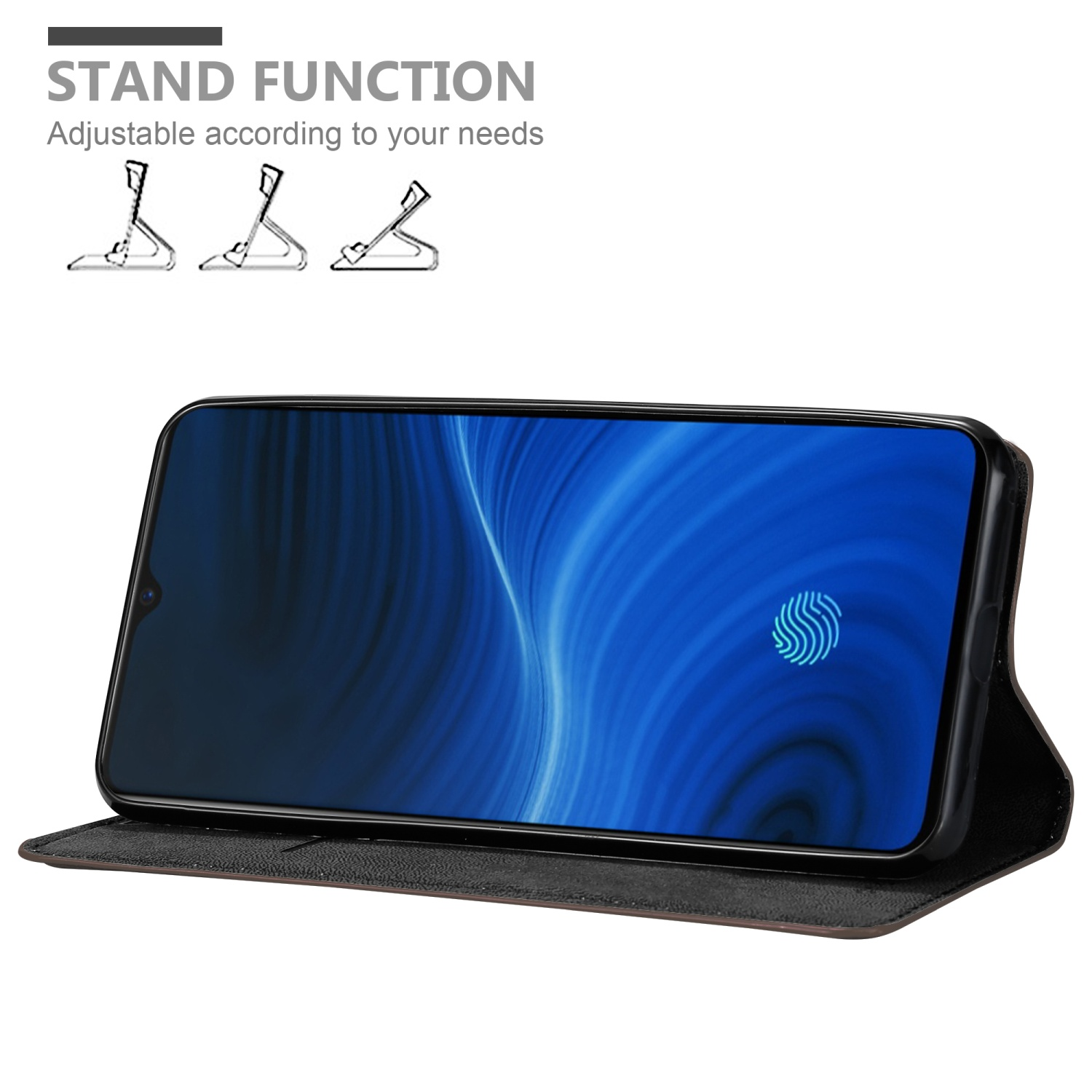 Telefono in una custodia. Lo schermo mostra uno sfondo blu. La custodia ha una funzione di supporto.